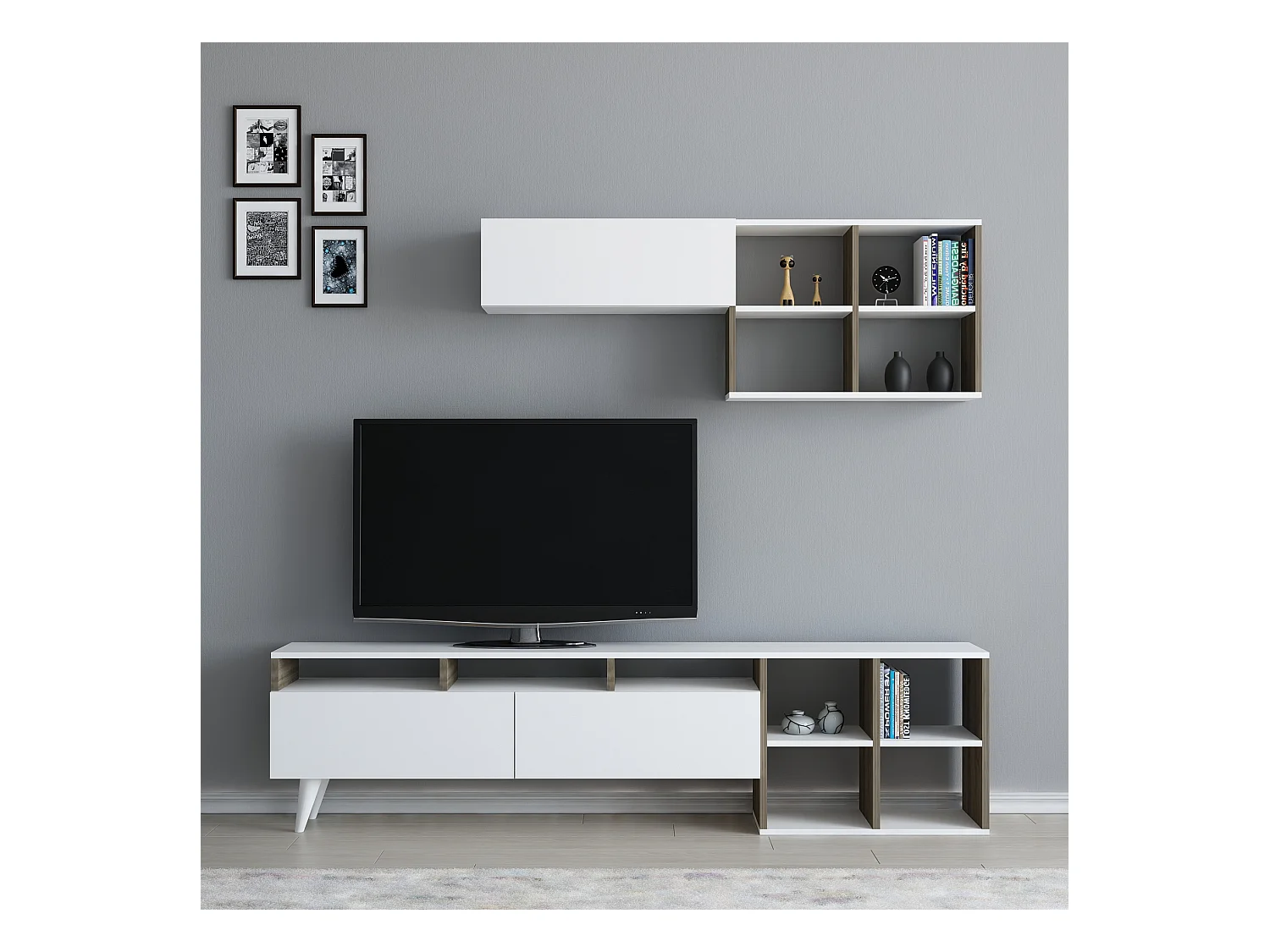 Ensemble meuble TV KUZEY 180cm blanc et noyer