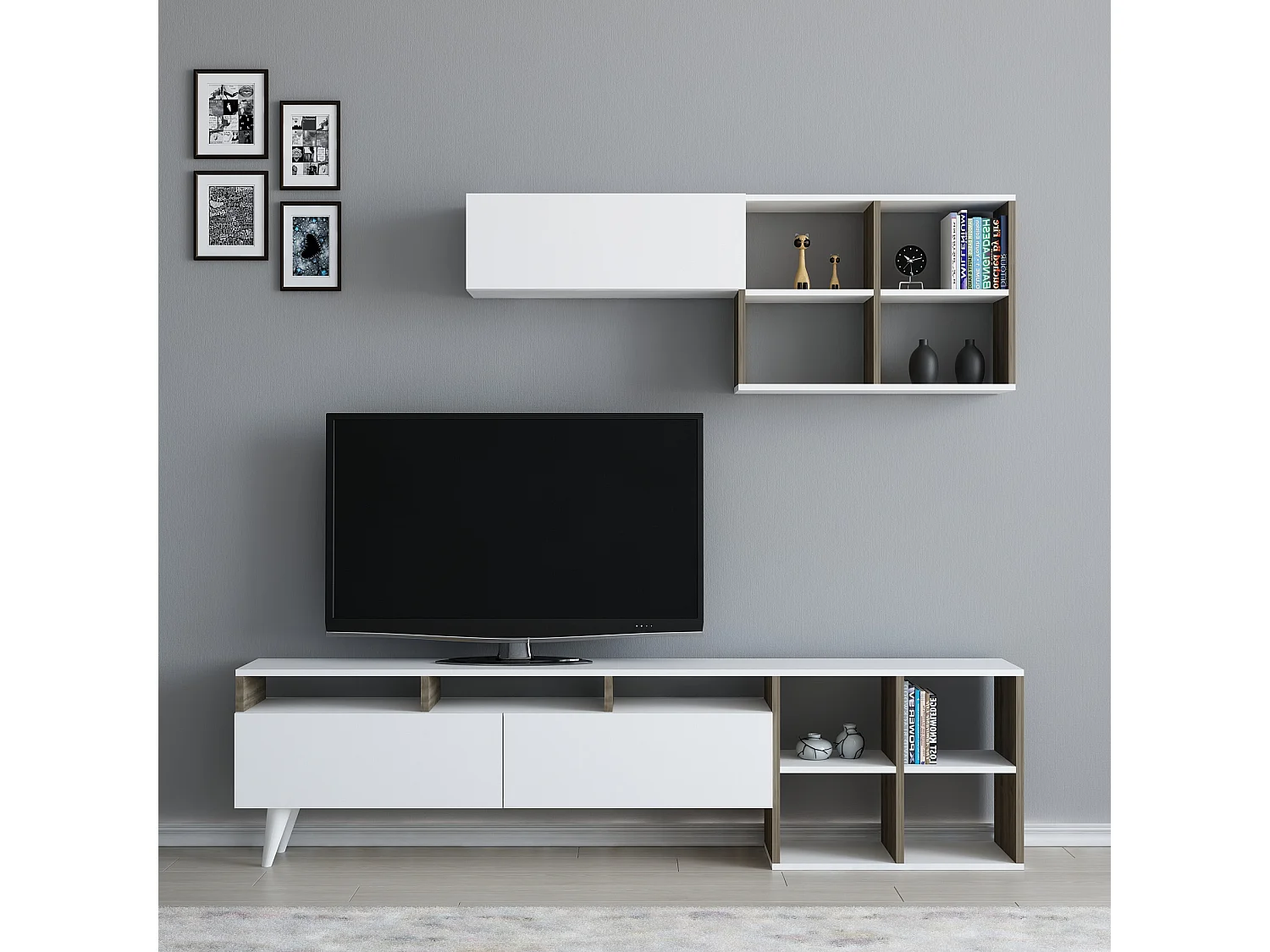 Ensemble meuble TV KUZEY 180cm blanc et noyer