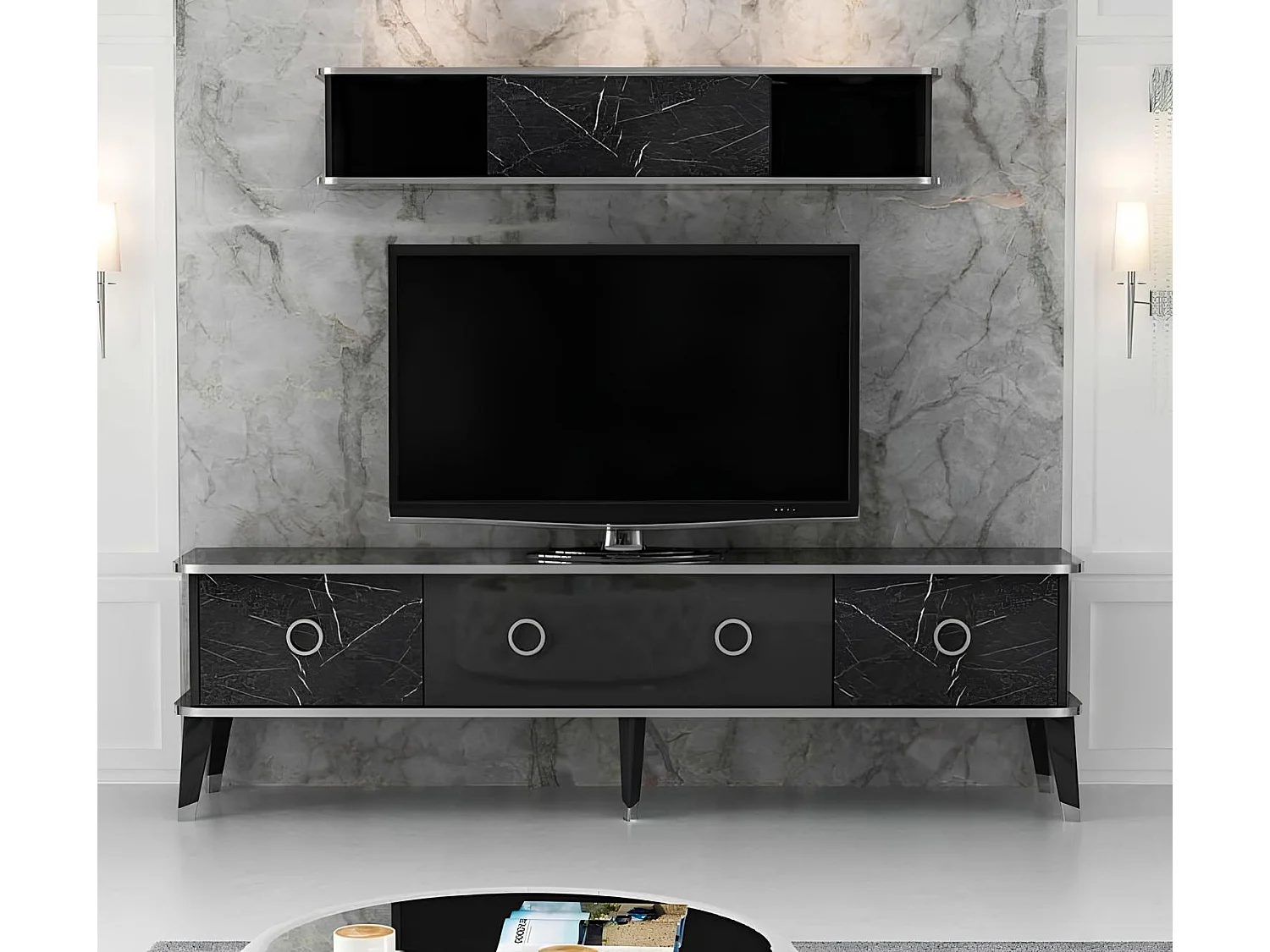 Ensemble meuble TV MARBRE 180 cm Noir brillant