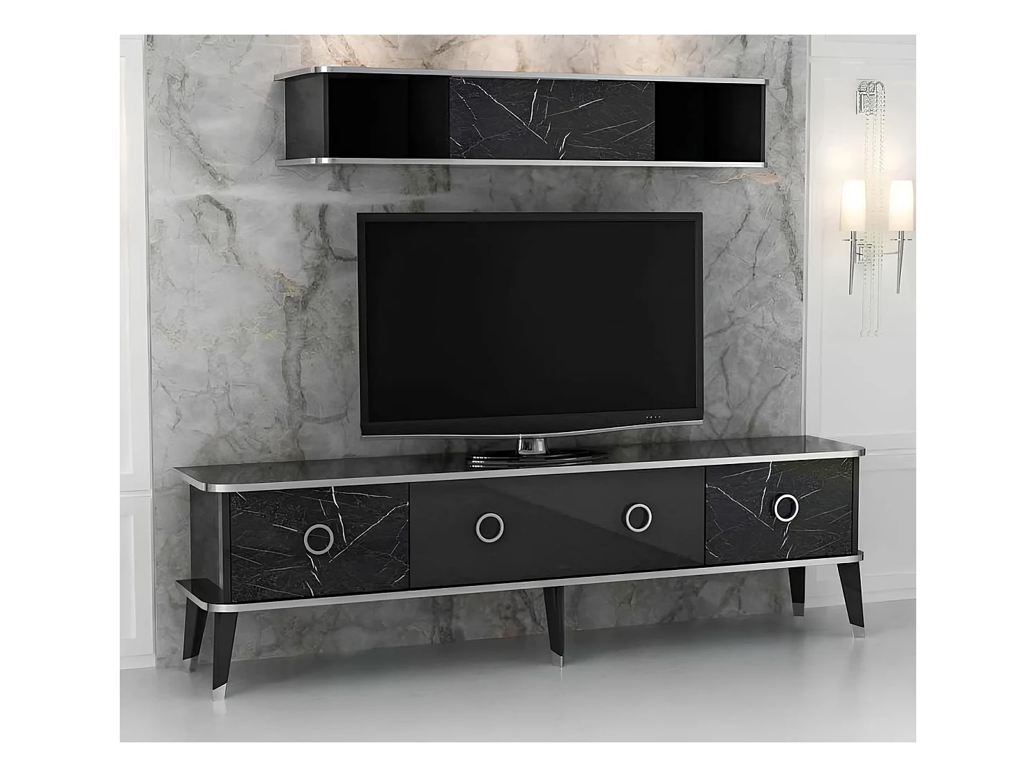 Ensemble meuble TV MARBRE 180 cm Noir brillant