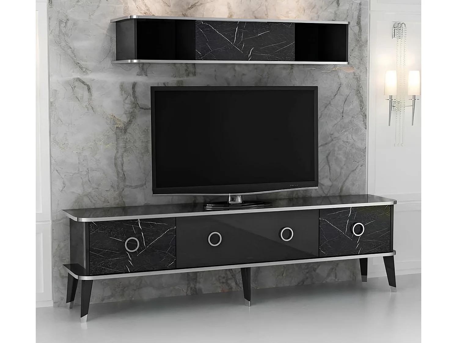 Ensemble meuble TV MARBRE 180 cm Noir brillant