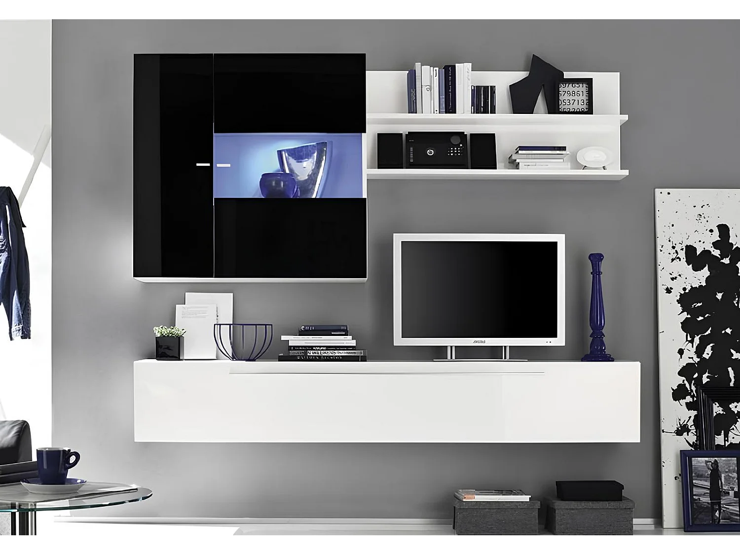 Ensemble meuble tv suspendu GIGLIO 210 cm noir et blanc