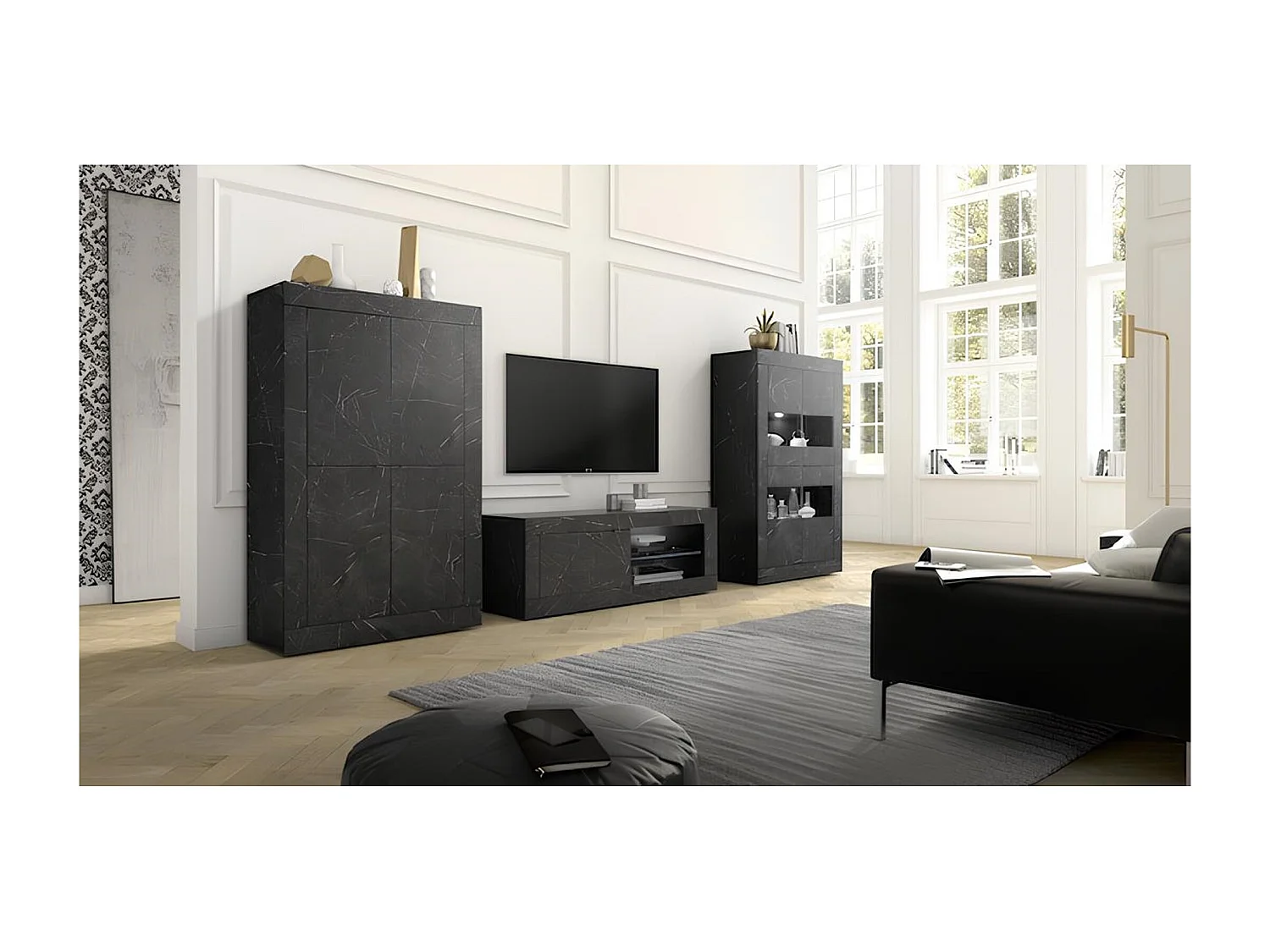 Ensemble meuble TV, vitrine et argentier BASIC marbre gris anthracite 140 cm