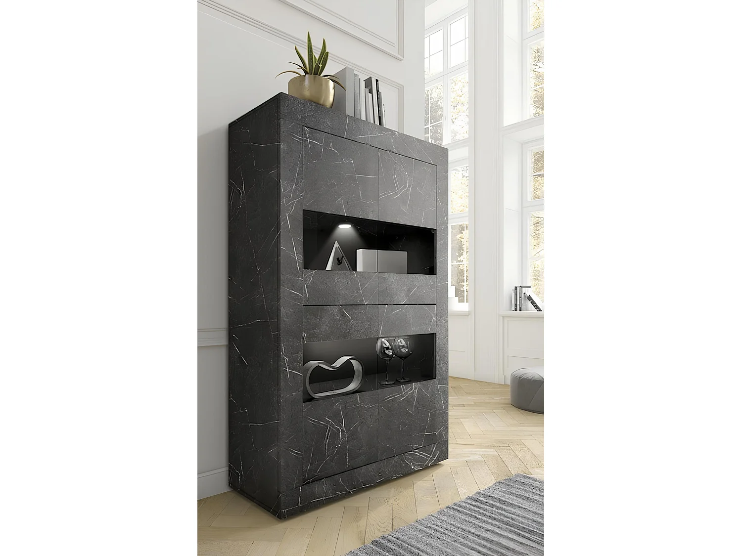Ensemble meuble TV, vitrine et argentier BASIC marbre gris anthracite 140 cm