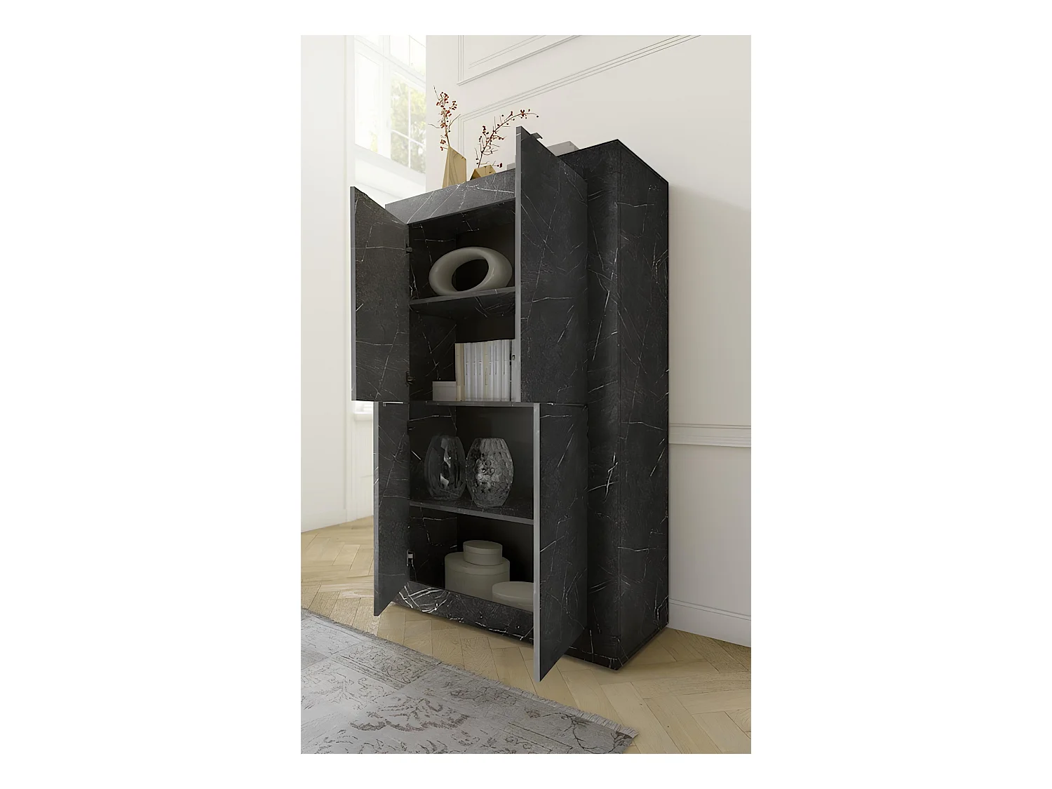 Ensemble meuble TV, vitrine et argentier BASIC marbre gris anthracite 140 cm