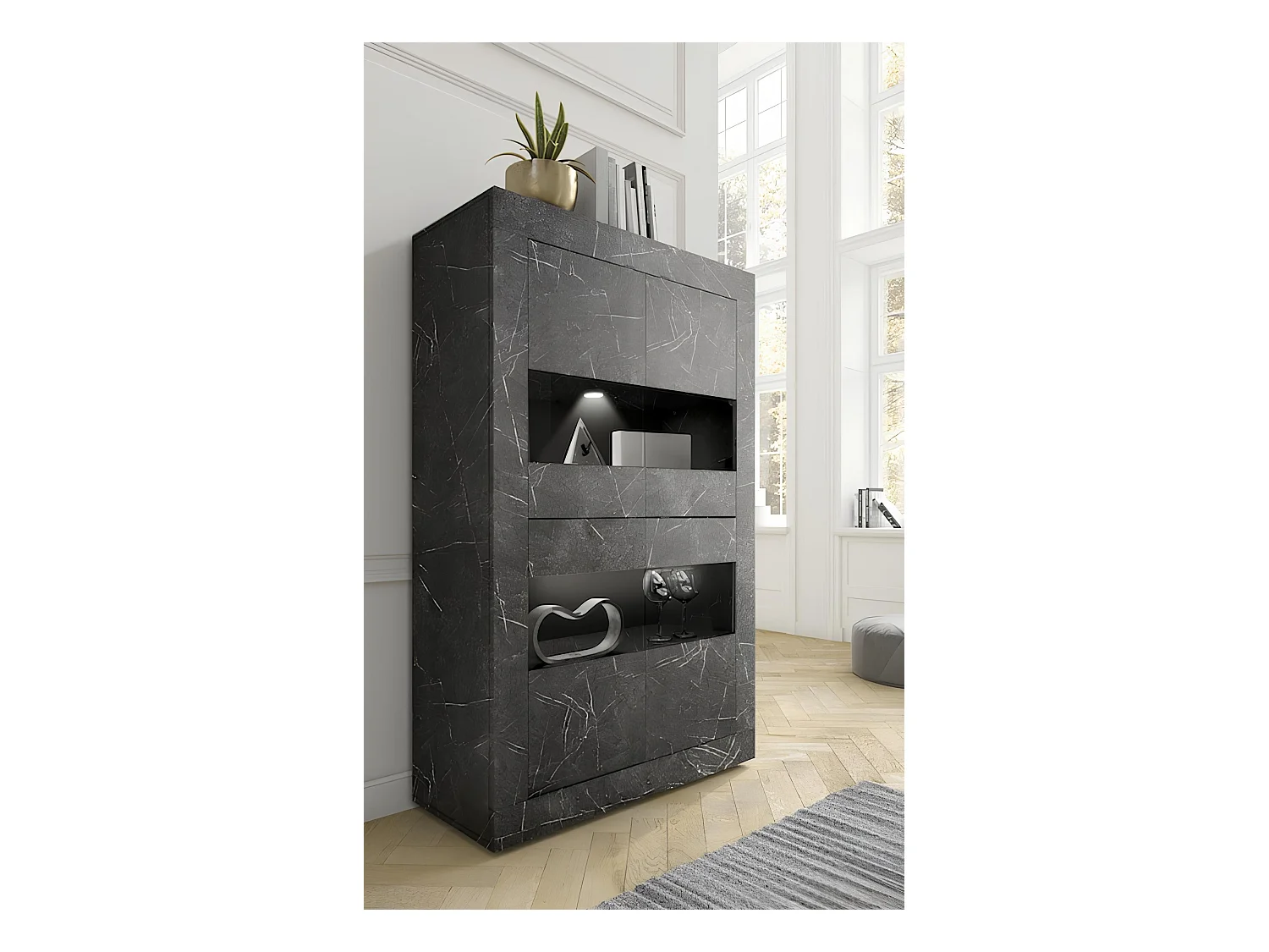 Ensemble meuble TV, vitrine et argentier BASIC marbre gris anthracite 140 cm