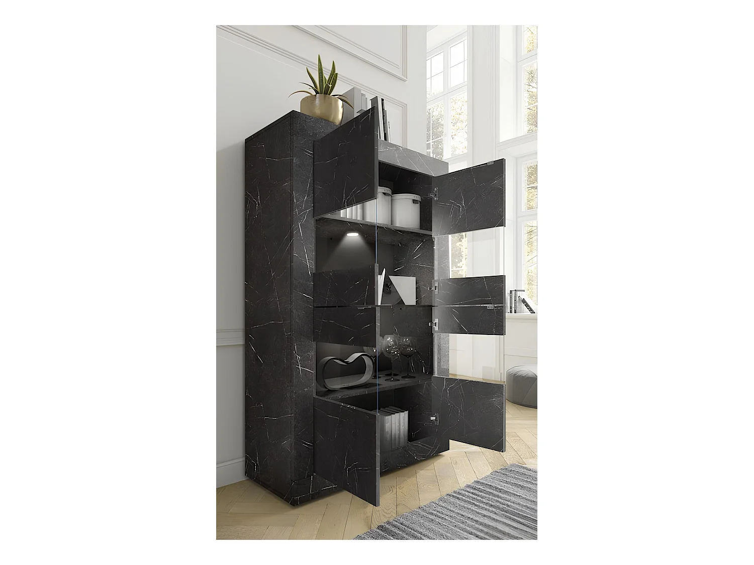 Ensemble meuble TV, vitrine et argentier BASIC marbre gris anthracite 140 cm