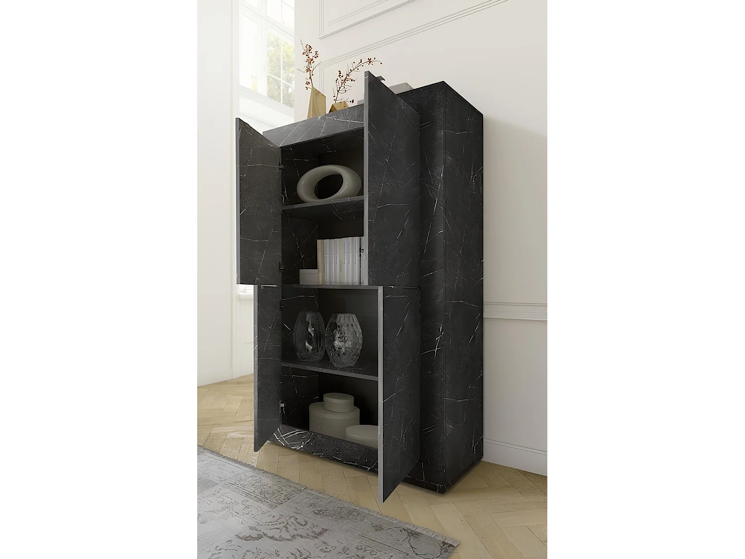Ensemble meuble TV, vitrine et argentier BASIC marbre gris anthracite 140 cm