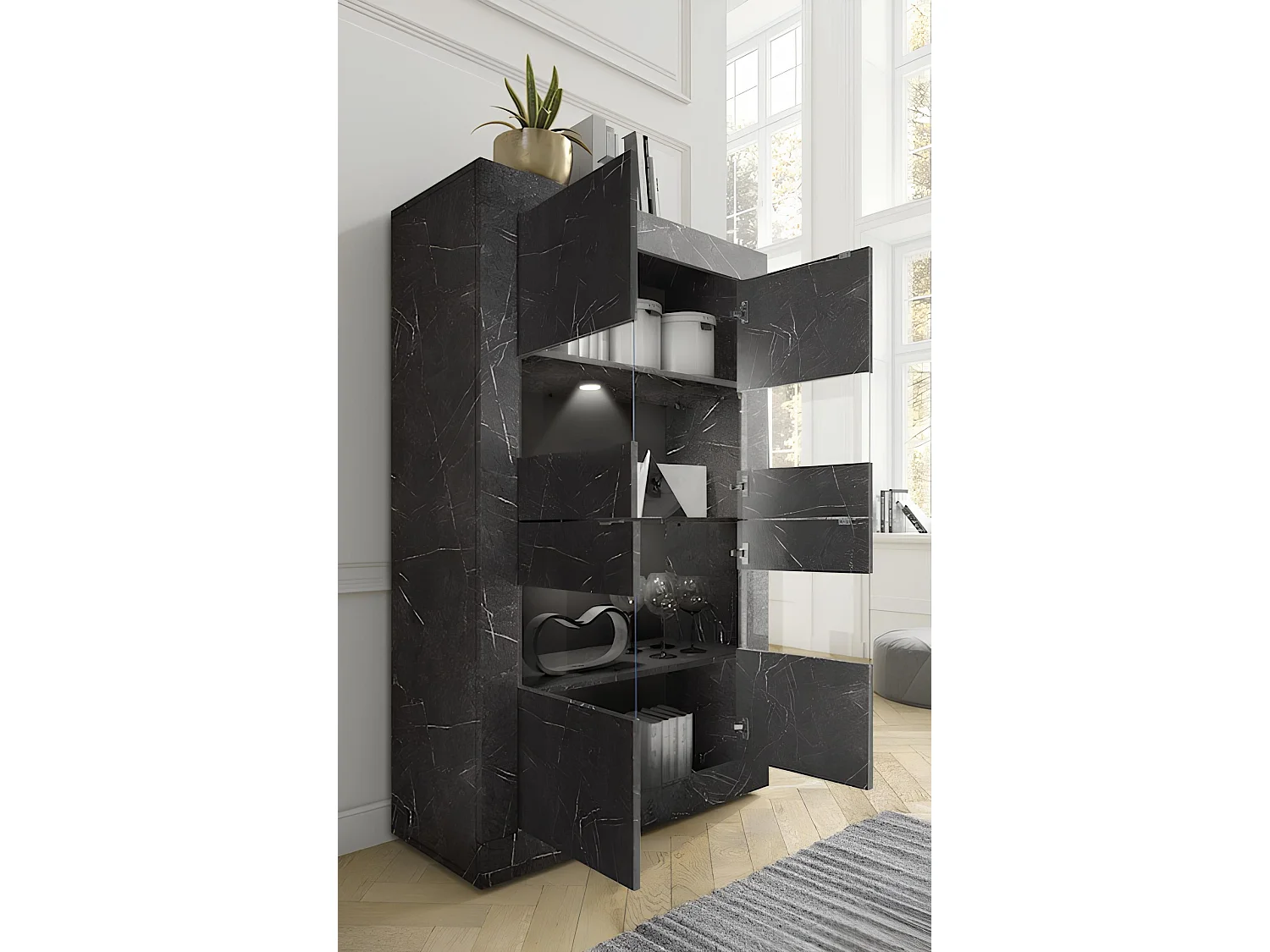 Ensemble meuble TV, vitrine et argentier BASIC marbre gris anthracite 140 cm