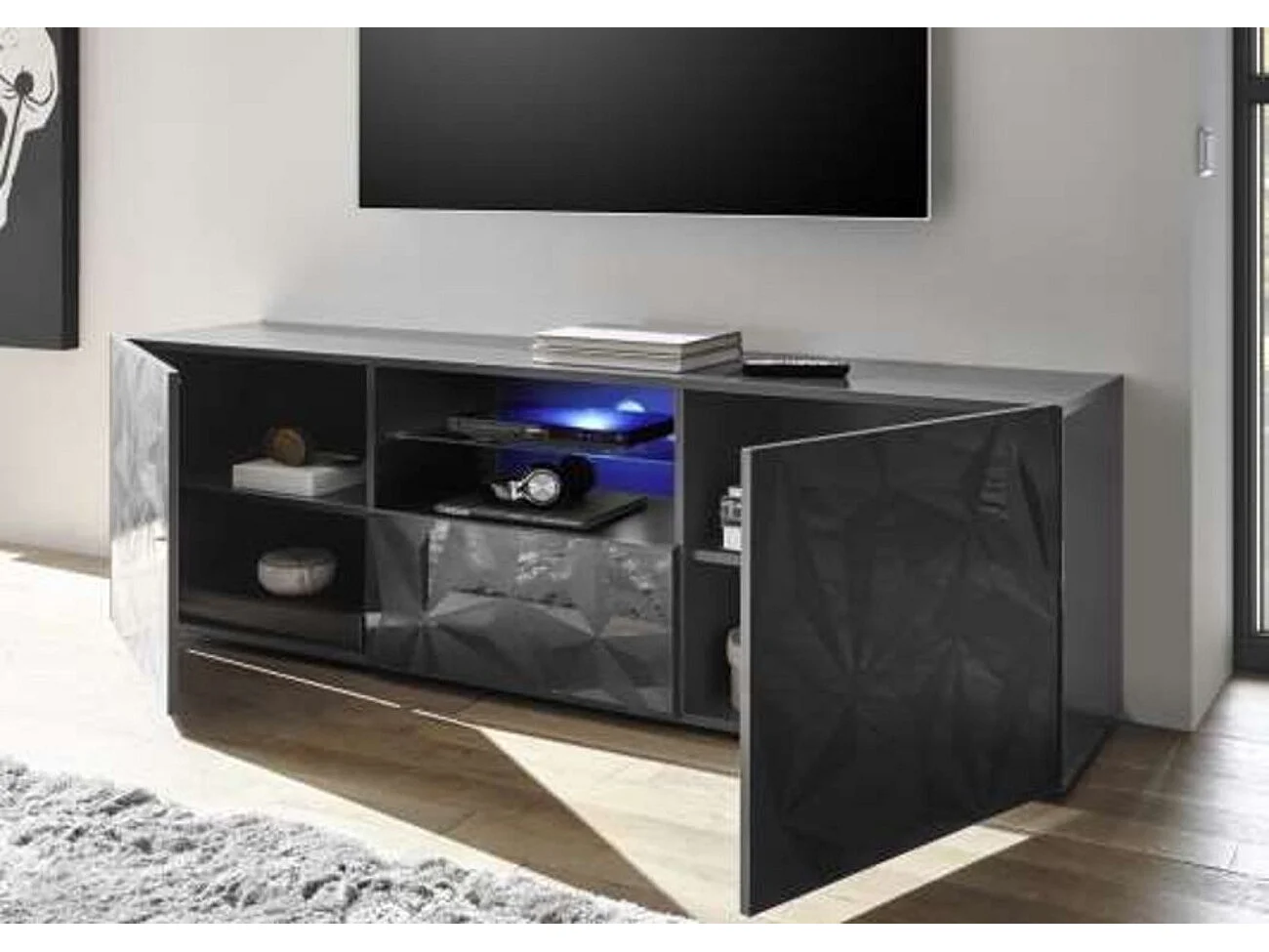 Meuble Tv LUTHER 2 portes 1 tiroir anthracite 181x57 cm