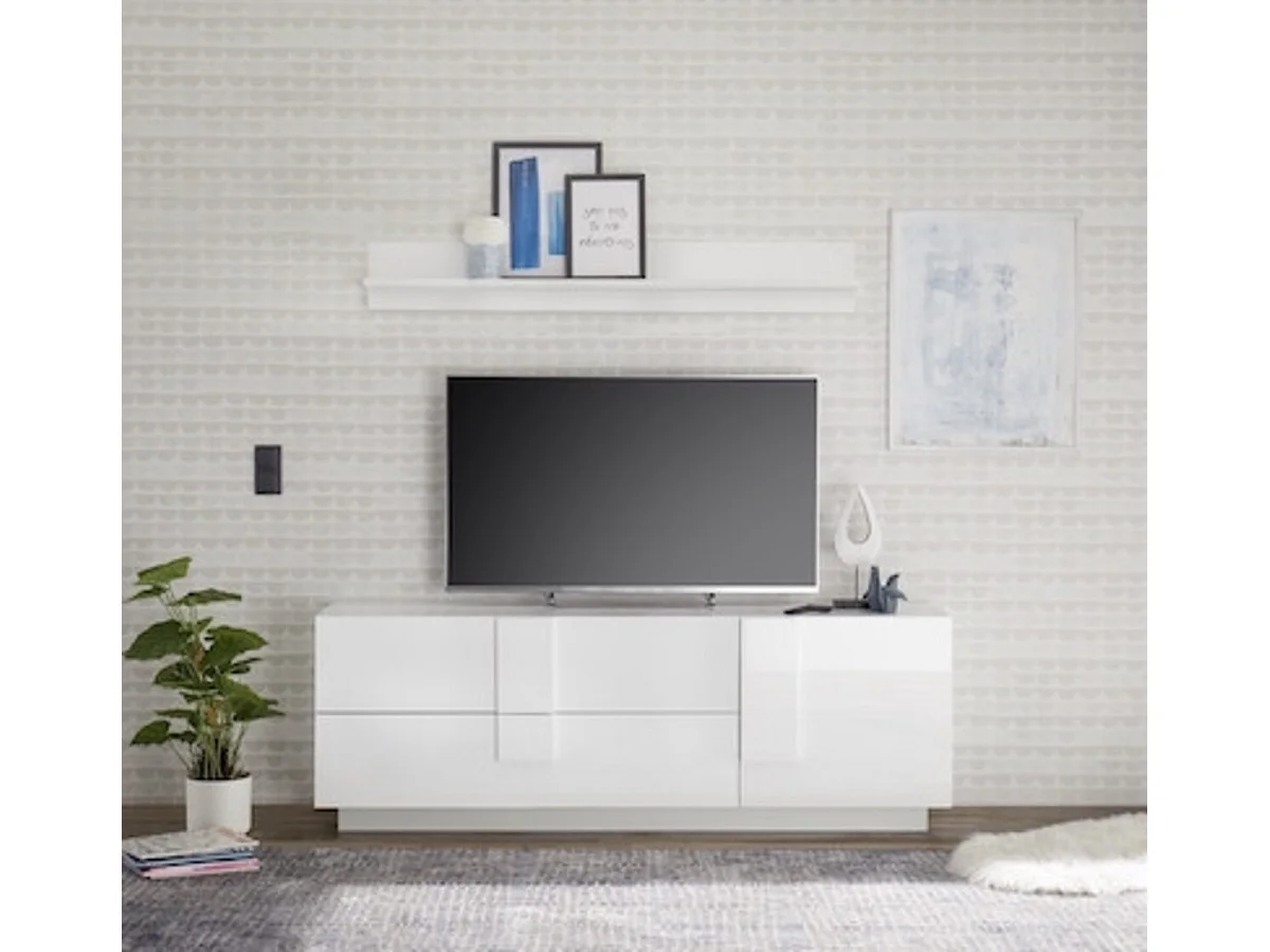 Meuble Tv 1 porte 2 tiroirs JUPITER blanc laqué brillant 182 cm