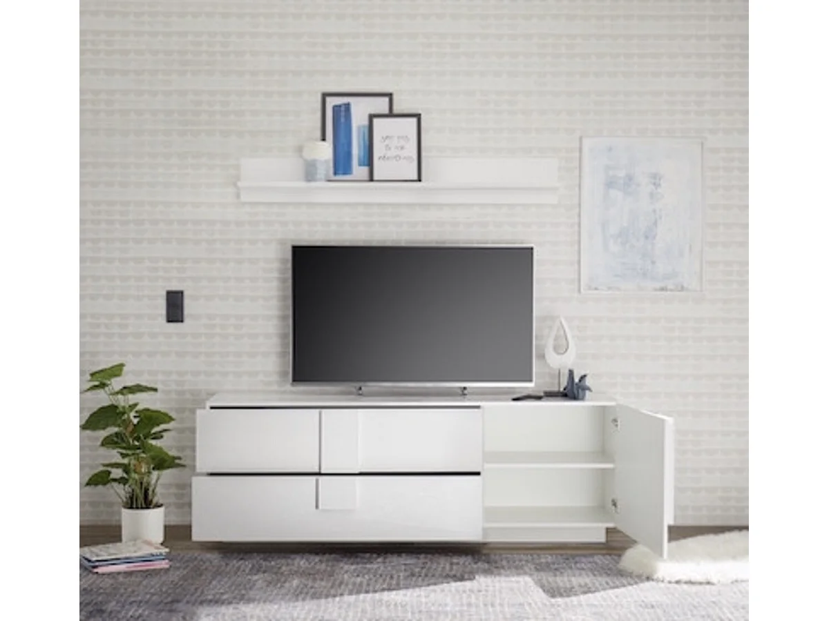 Meuble Tv 1 porte 2 tiroirs JUPITER blanc laqué brillant 182 cm