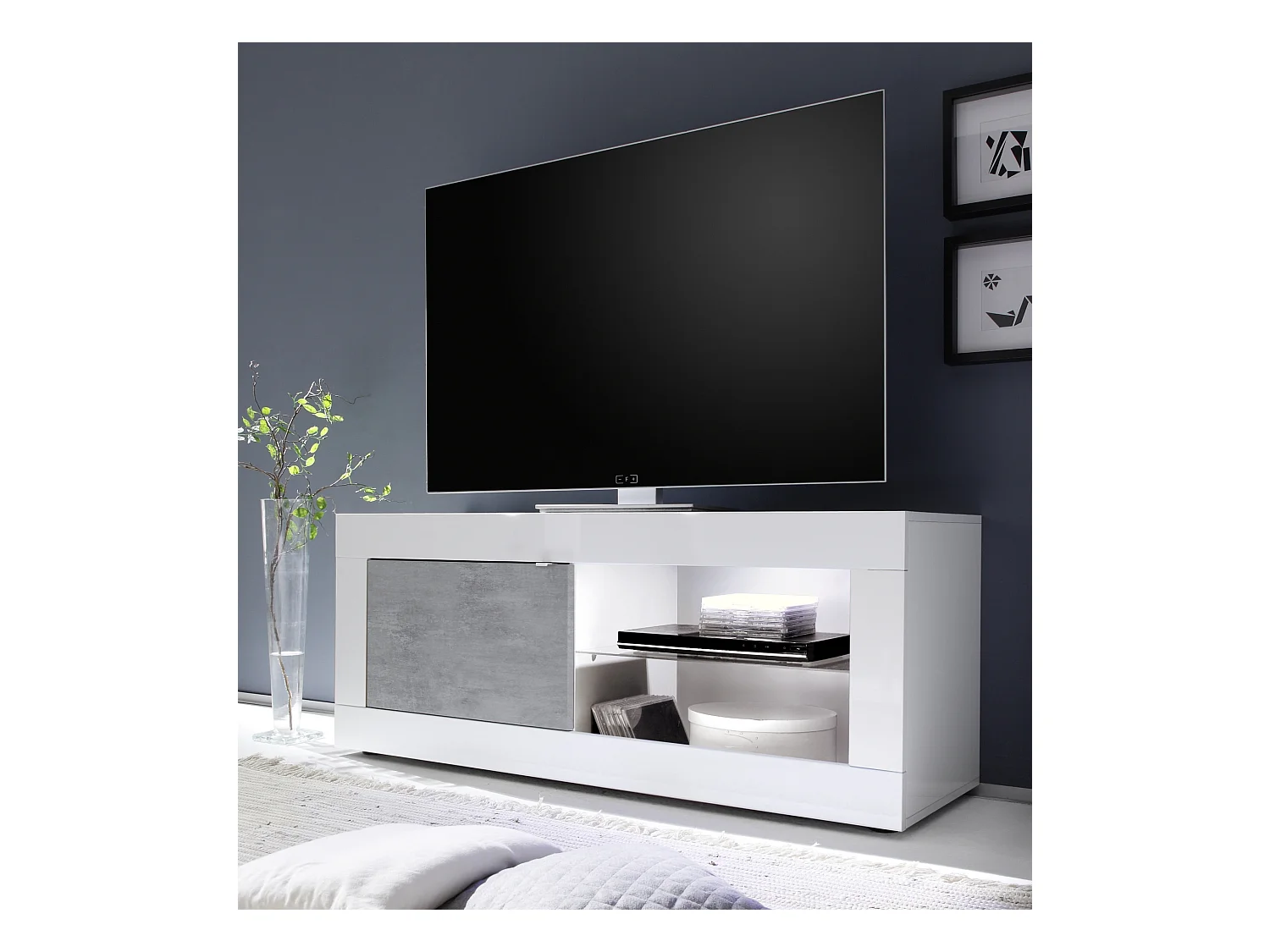 Meuble TV Basic finition blanc-béton 1 porte 140-56-43 cm