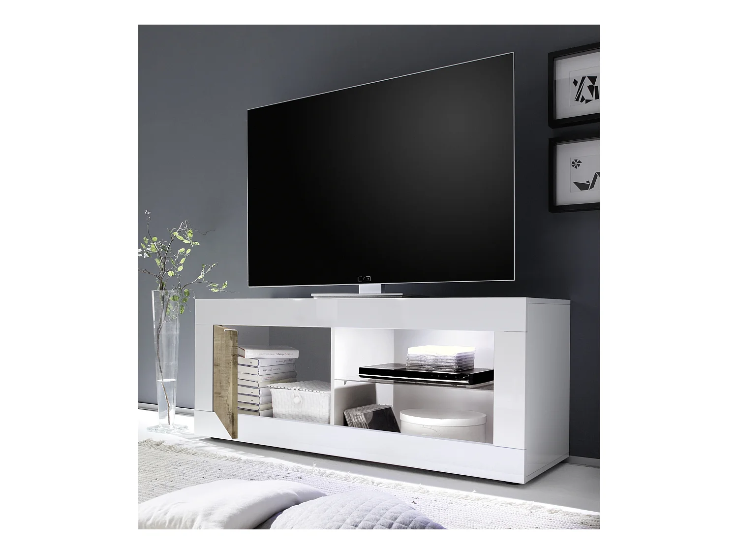 Meuble TV Basic finition blanc-béton 1 porte 140-56-43 cm