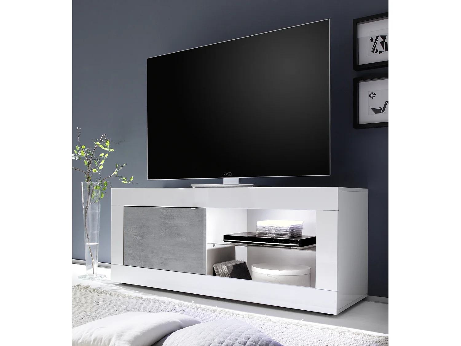 Meuble TV Basic finition blanc-béton 1 porte 140-56-43 cm