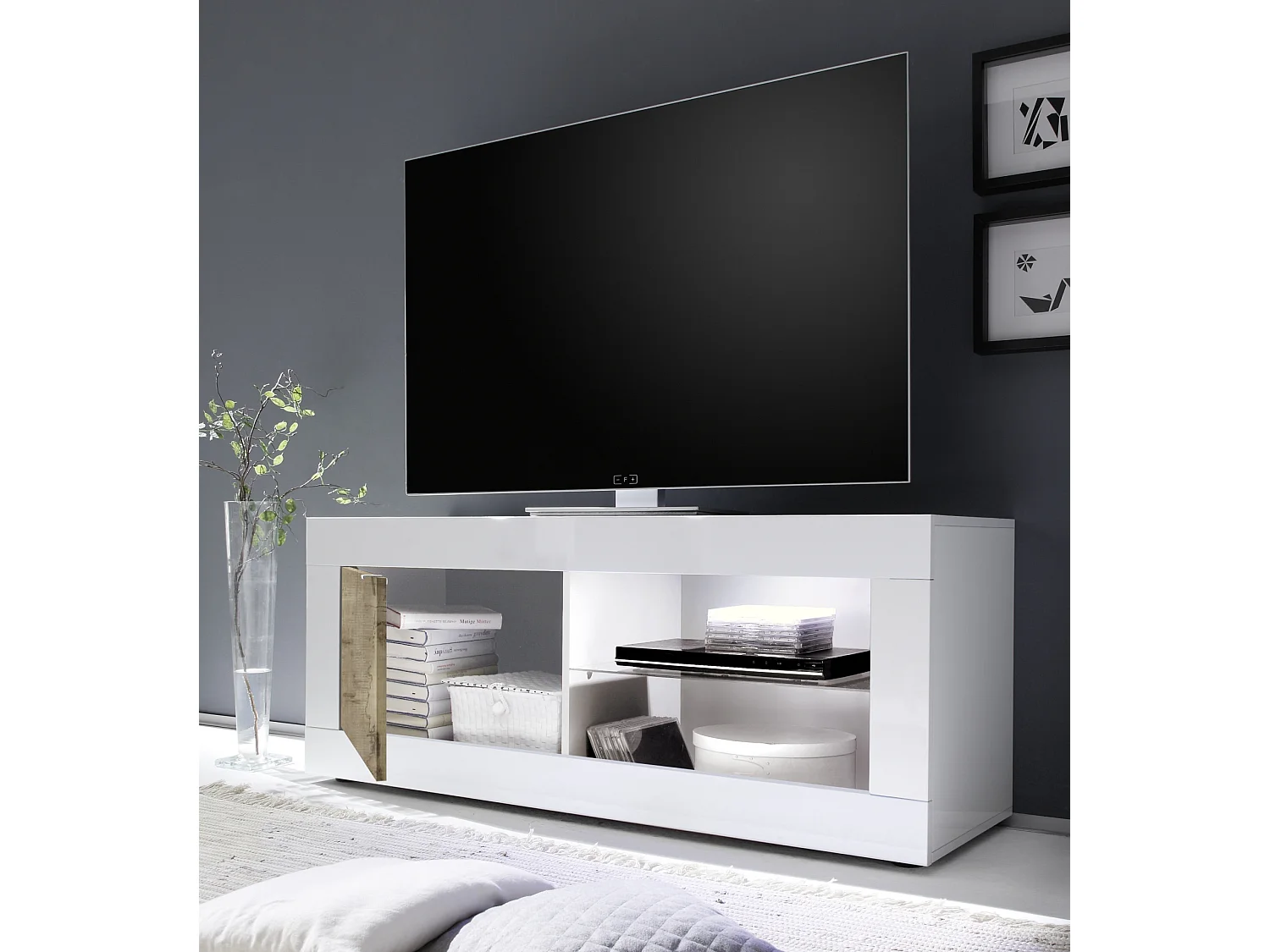 Meuble TV Basic finition blanc-béton 1 porte 140-56-43 cm