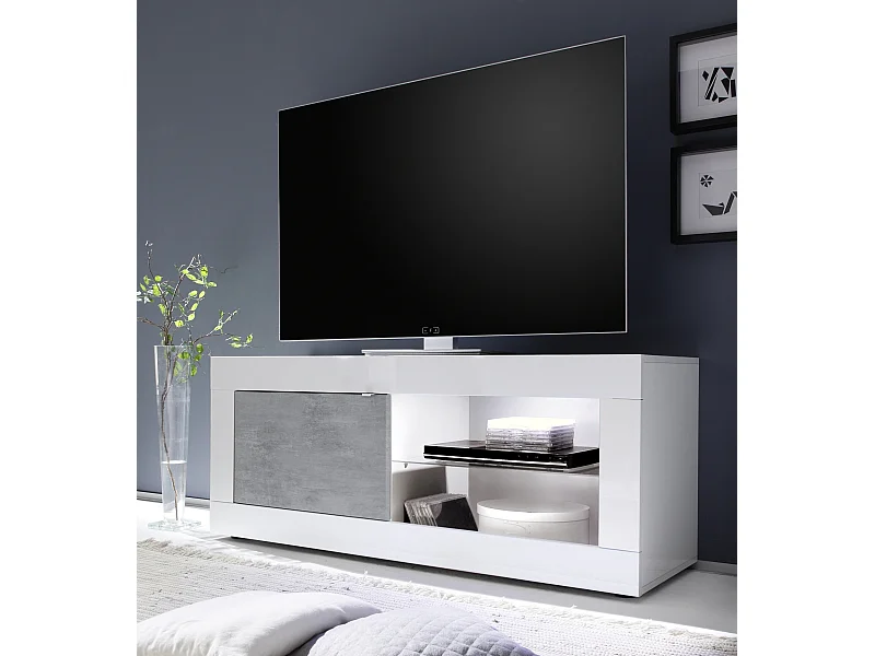 Meuble TV Basic finition blanc-béton 1 porte 140-56-43 cm