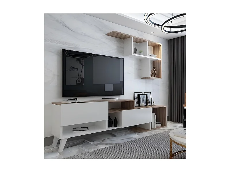 Ensemble meuble TV HADISE 135 cm blanc et bois