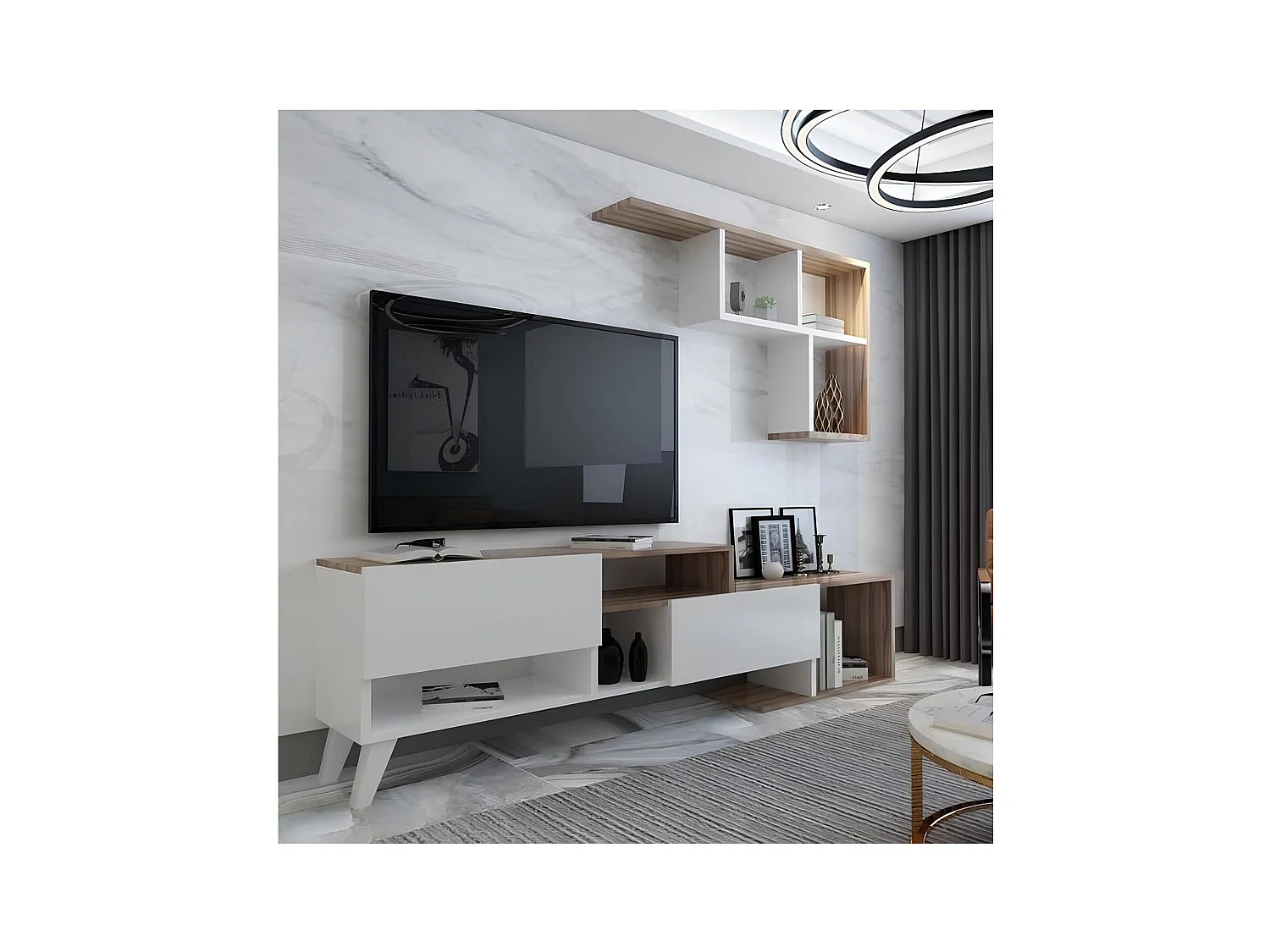 Ensemble meuble TV HADISE 135 cm blanc et bois