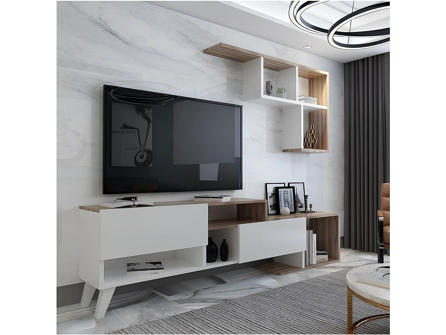 Ensemble meuble TV HADISE 135 cm blanc et bois