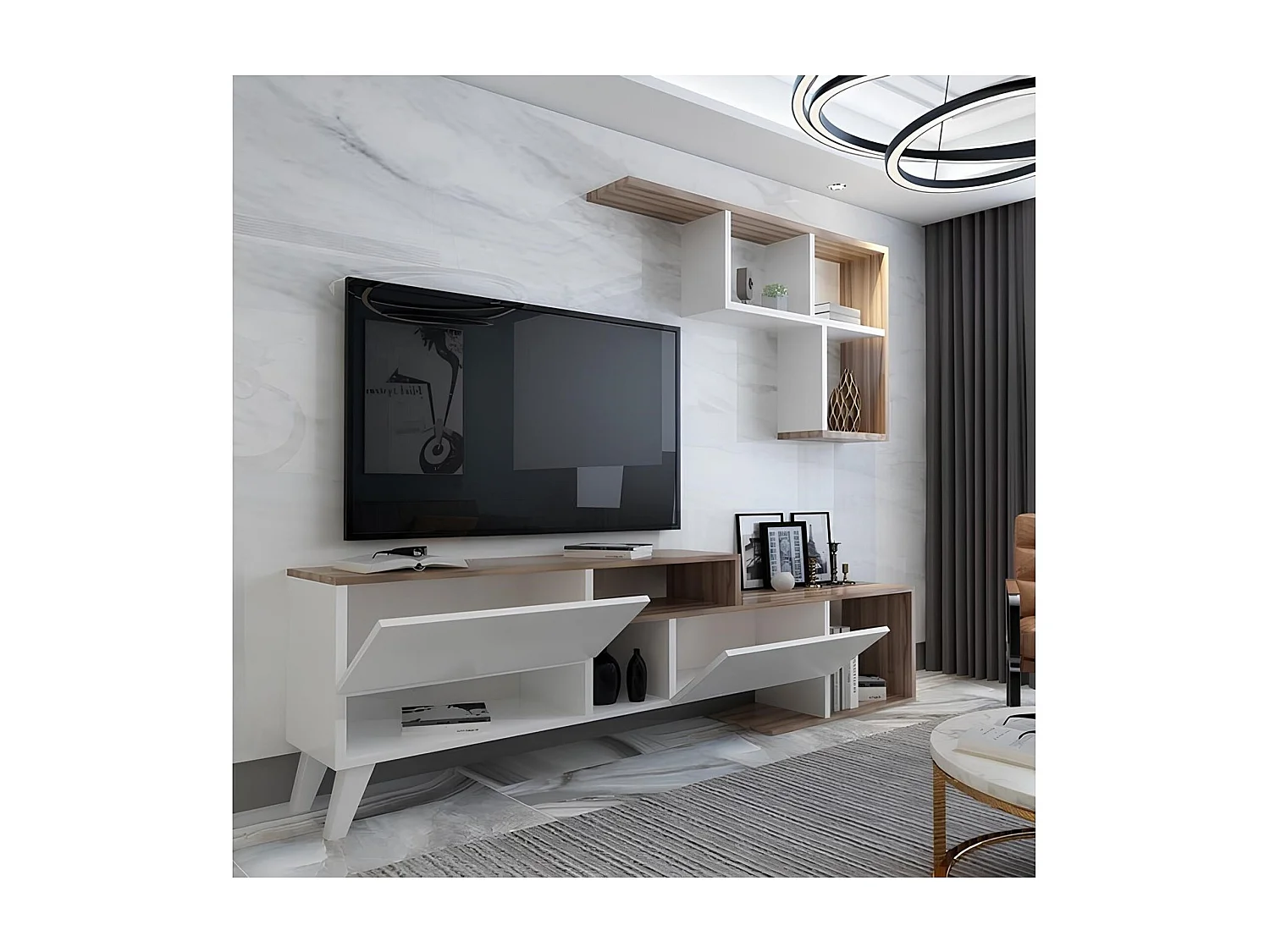 Ensemble meuble TV HADISE 135 cm blanc et bois