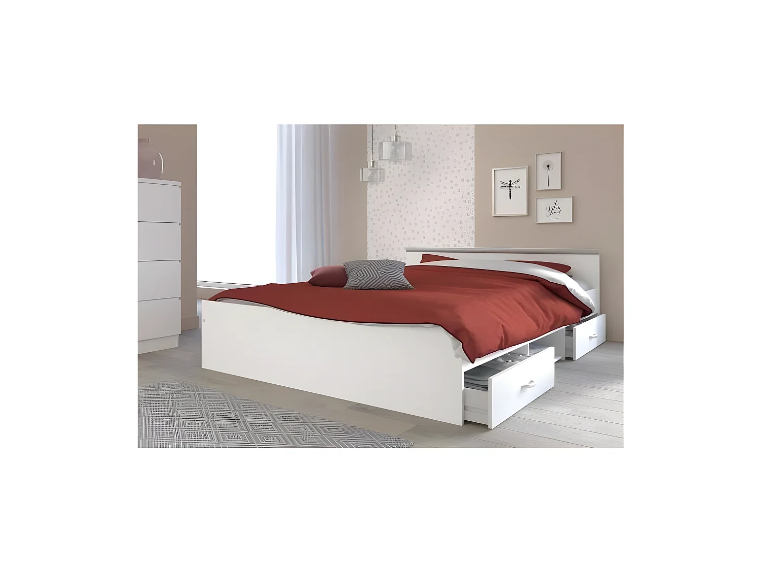 Lit adulte contemporain blanc mat avec rangement - 140 x 200 cm