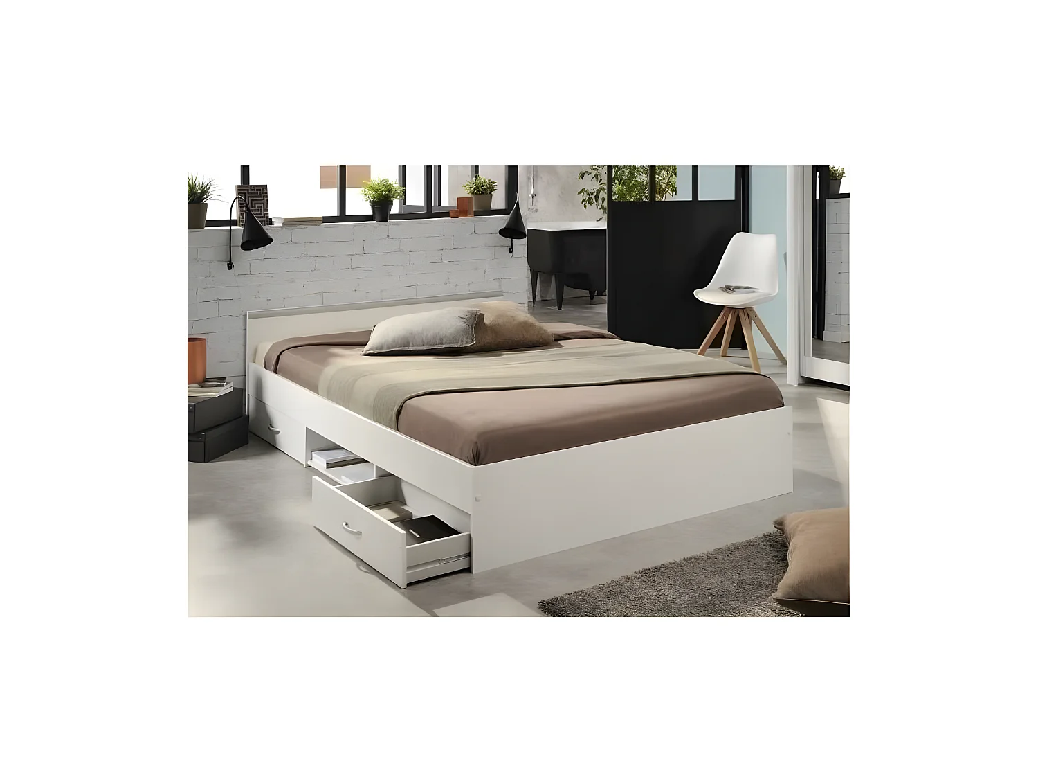 Lit adulte contemporain blanc mat avec rangement - 140 x 200 cm