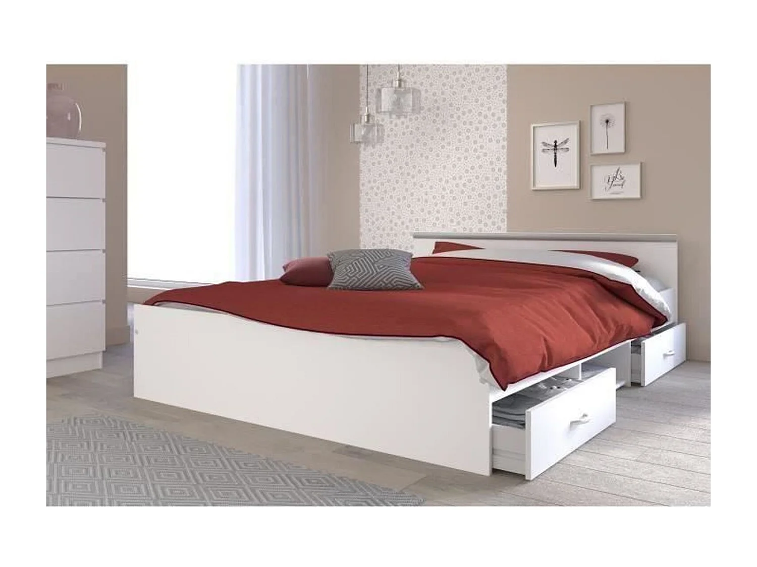 Lit adulte contemporain blanc mat avec rangement - 140 x 200 cm