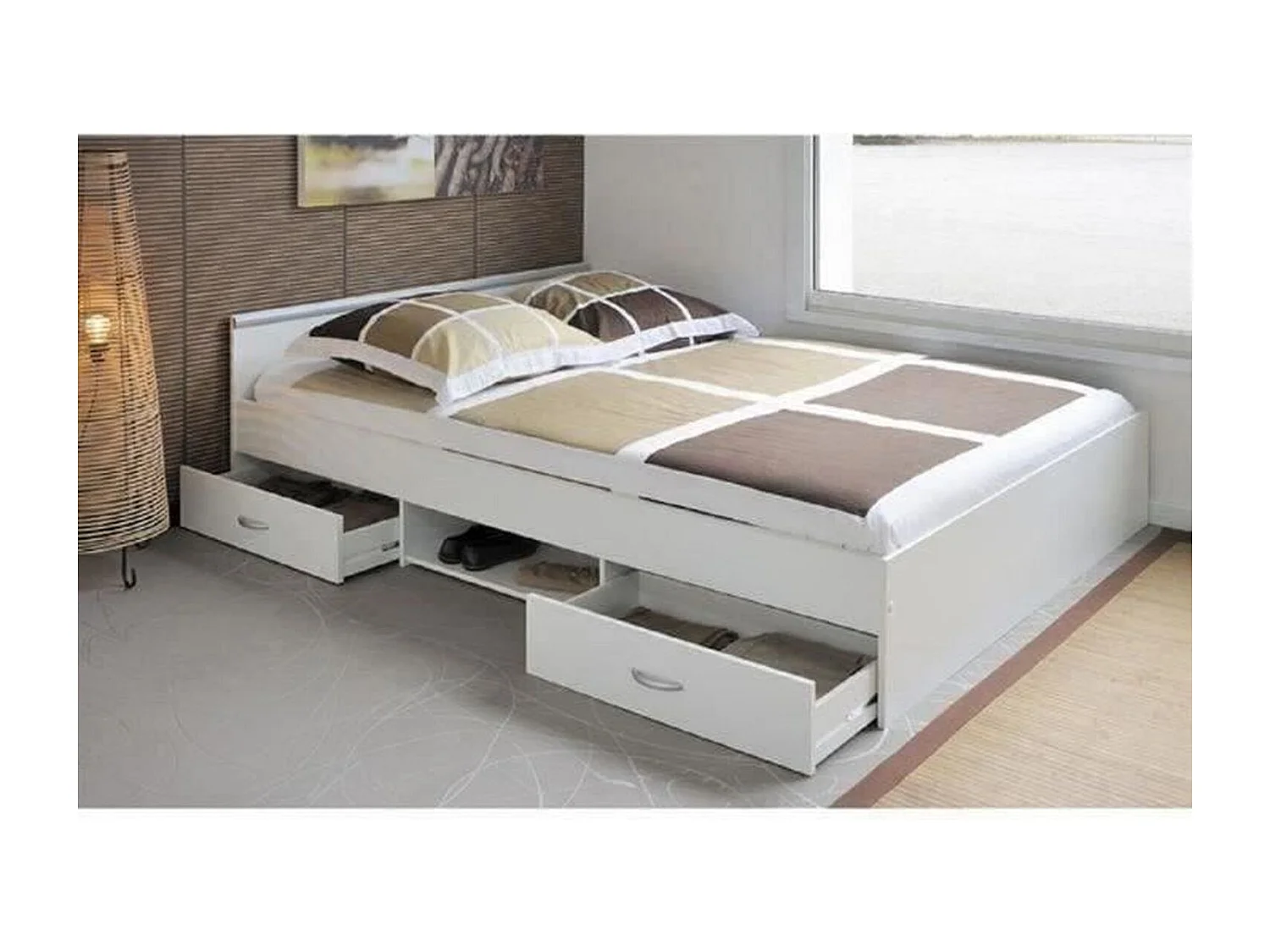 Lit adulte contemporain blanc mat avec rangement - 140 x 200 cm