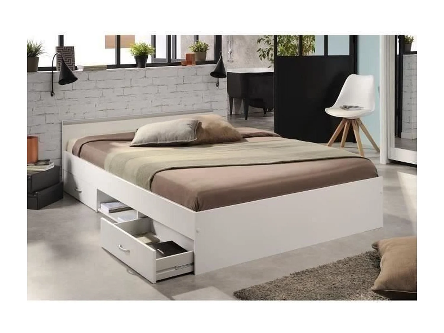 Lit adulte contemporain blanc mat avec rangement - 140 x 200 cm