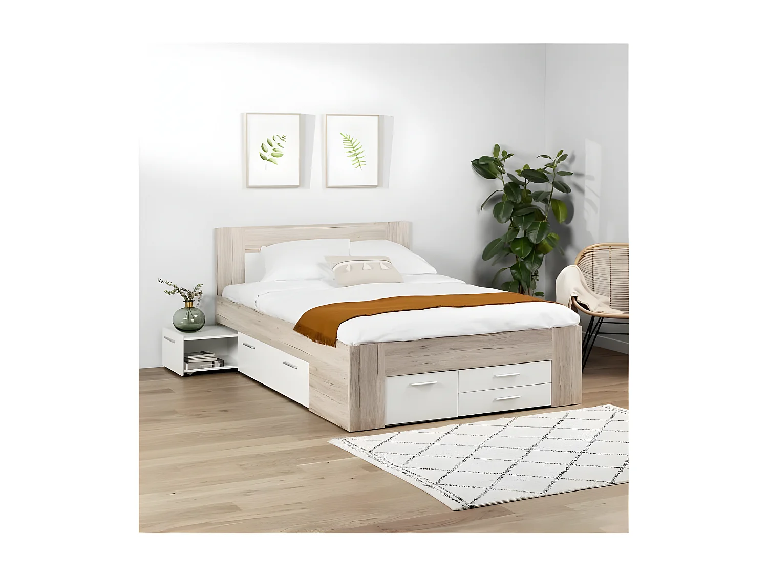 Lit adulte contemporain UDINE chene cendré et blanc mat avec rangement - 140 x 200 cm