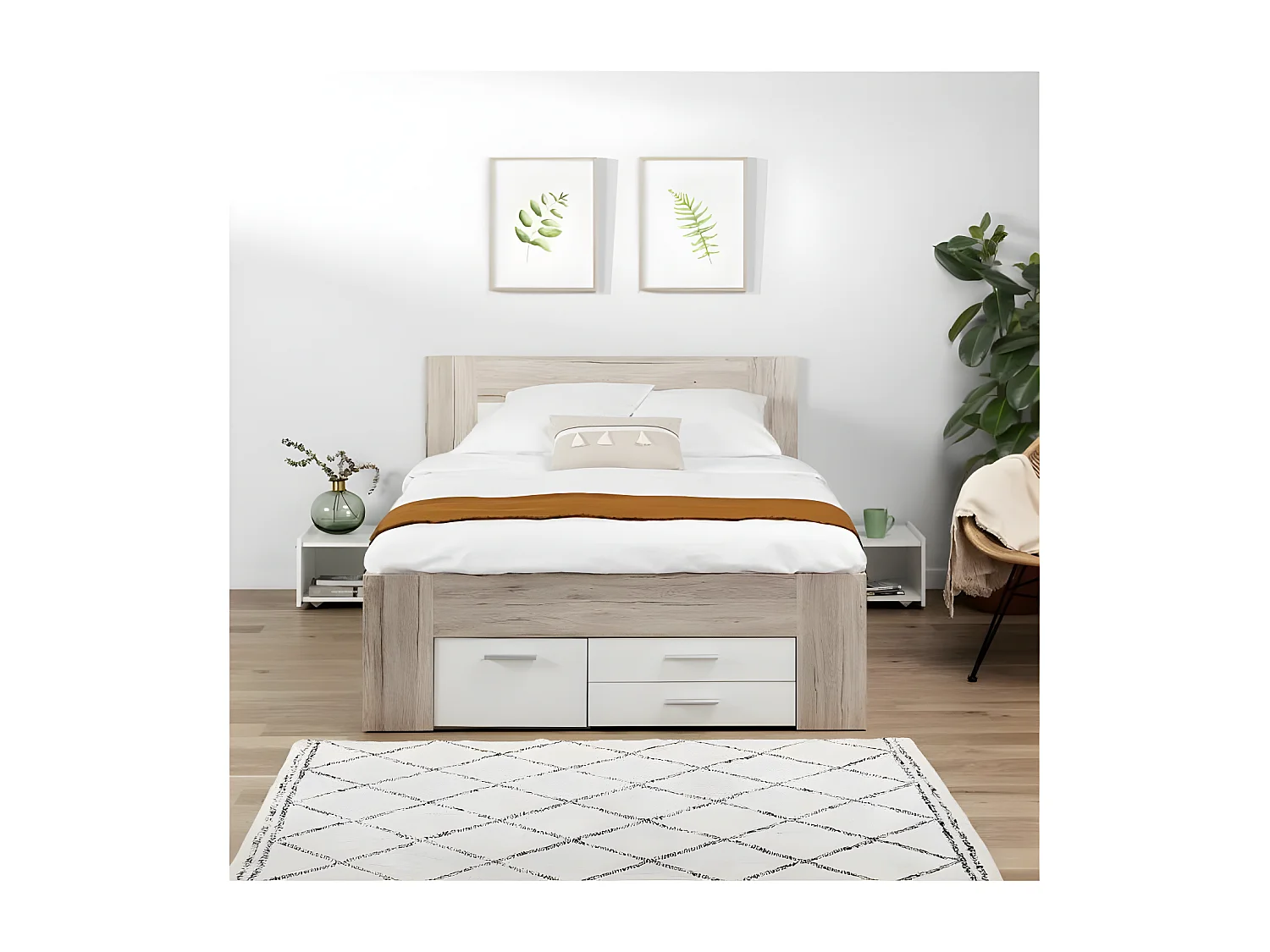 Lit adulte contemporain UDINE chene cendré et blanc mat avec rangement - 140 x 200 cm