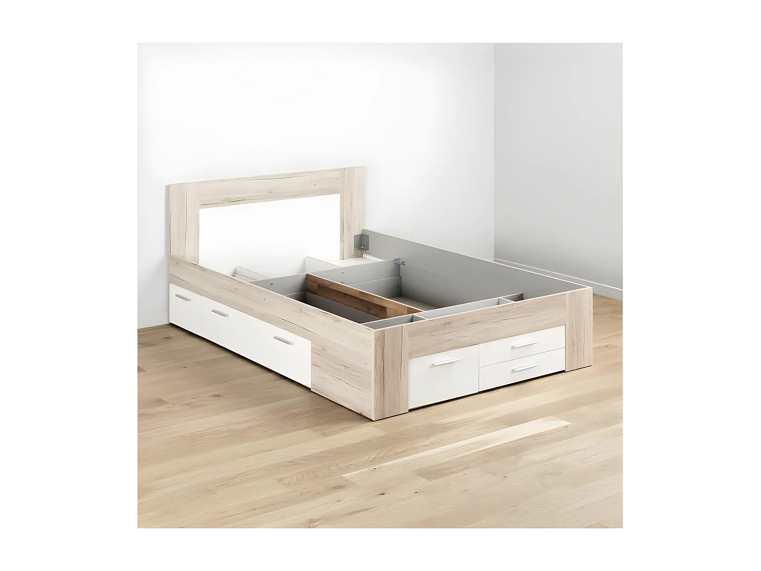 Lit adulte contemporain UDINE chene cendré et blanc mat avec rangement - 140 x 200 cm