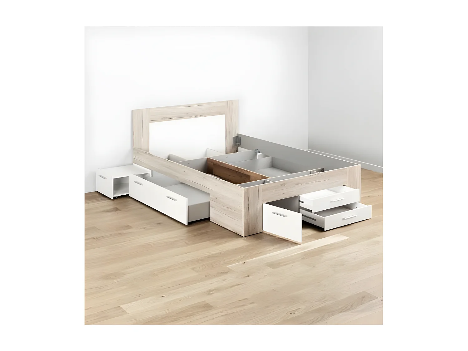 Lit adulte contemporain UDINE chene cendré et blanc mat avec rangement - 140 x 200 cm
