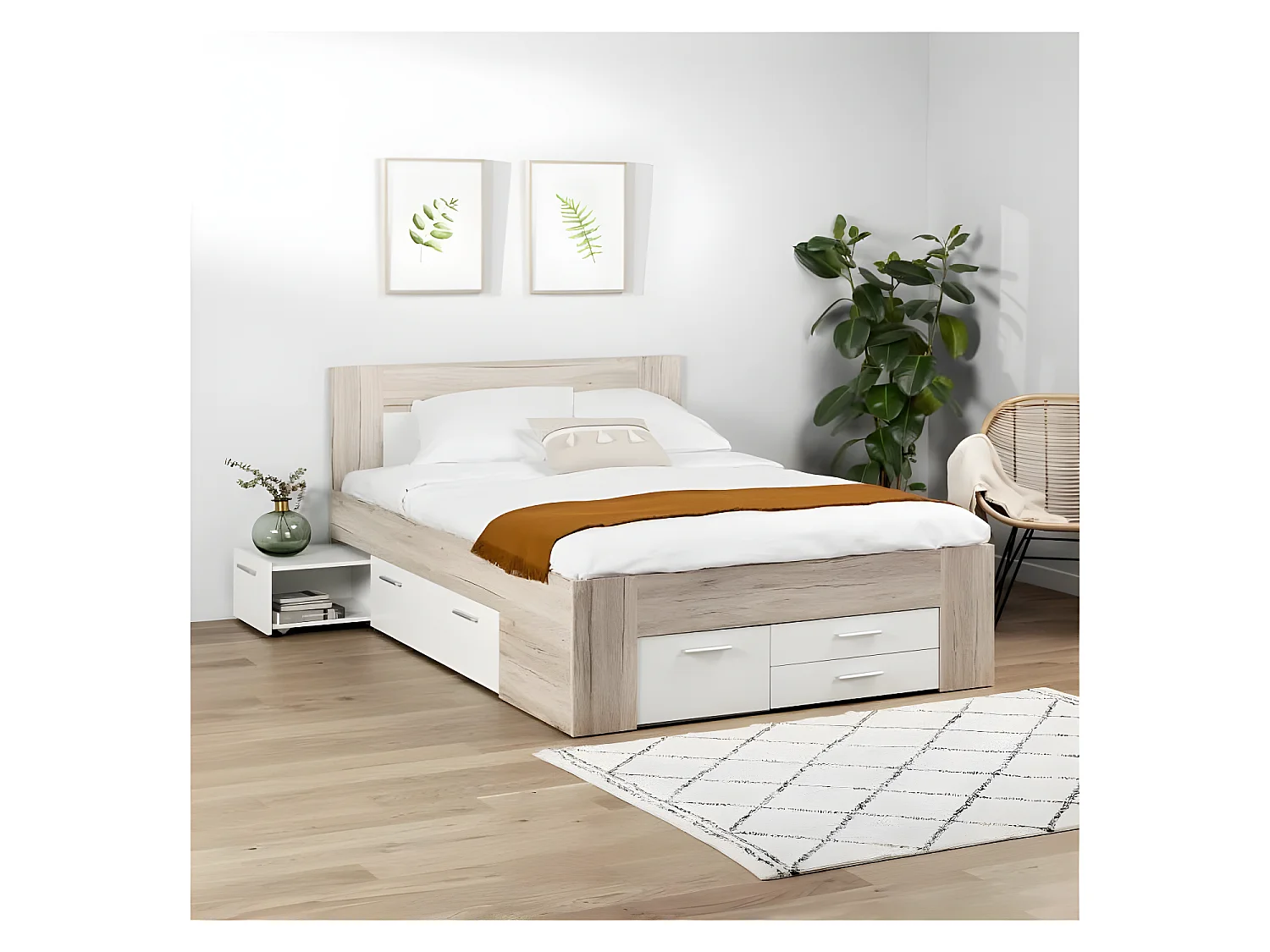 Cama de matrimonio contemporánea UDINE roble ceniza y blanco mate con almacenamiento - 140 x 200 cm