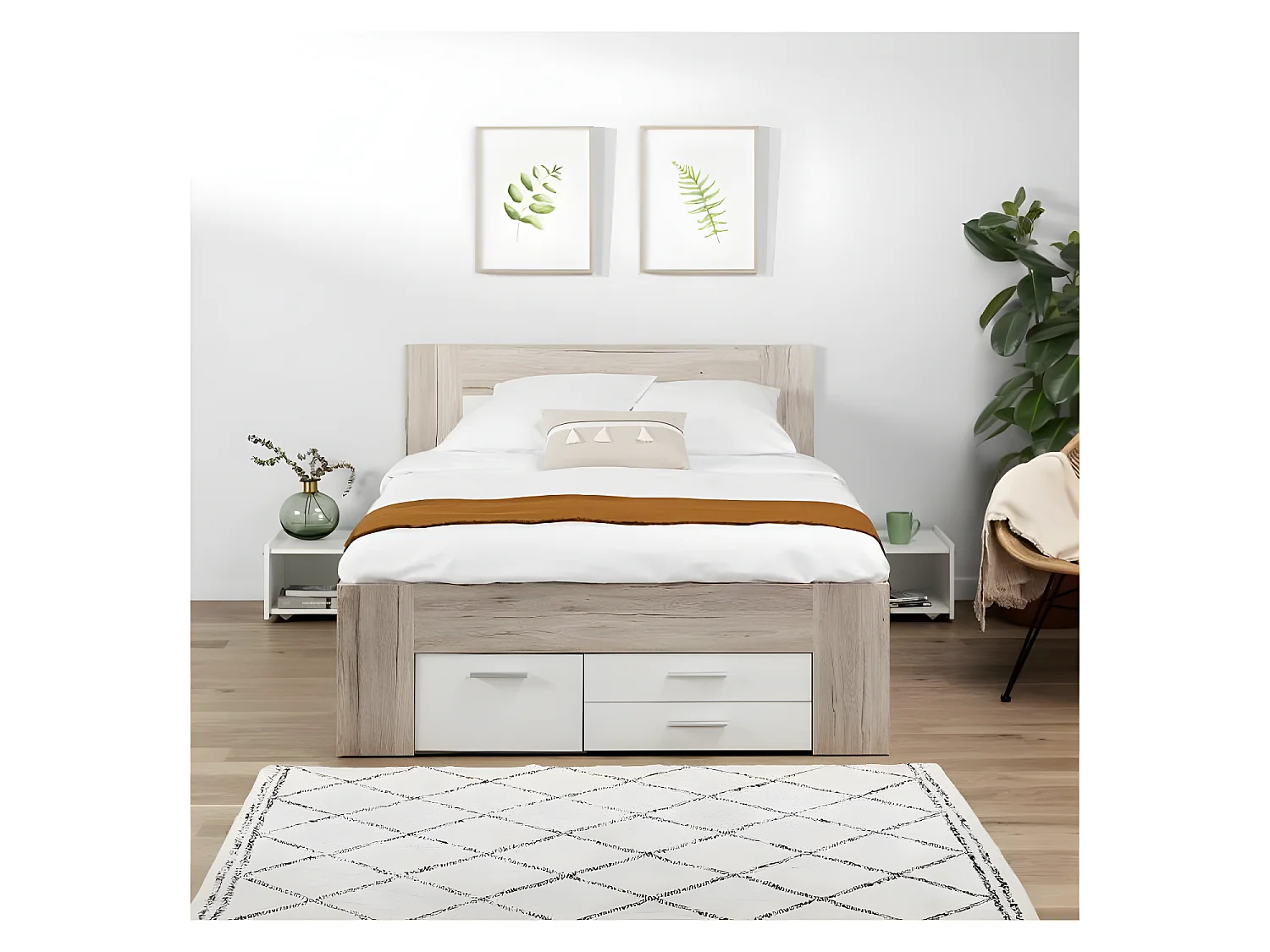 Cama de matrimonio contemporánea UDINE roble ceniza y blanco mate con almacenamiento - 140 x 200 cm