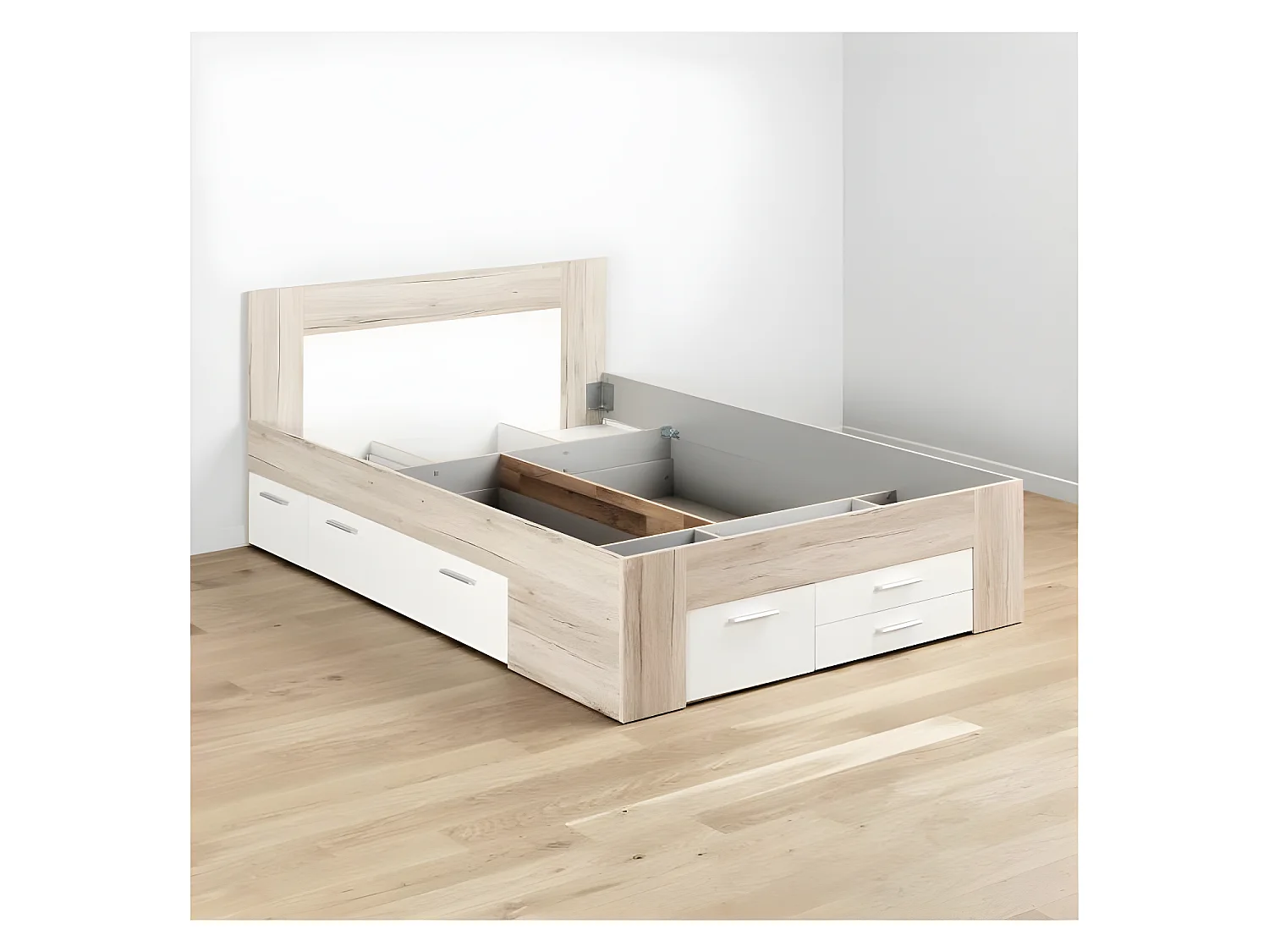 Cama de matrimonio contemporánea UDINE roble ceniza y blanco mate con almacenamiento - 140 x 200 cm