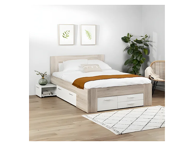 Cama de matrimonio contemporánea UDINE roble ceniza y blanco mate con almacenamiento - 140 x 200 cm