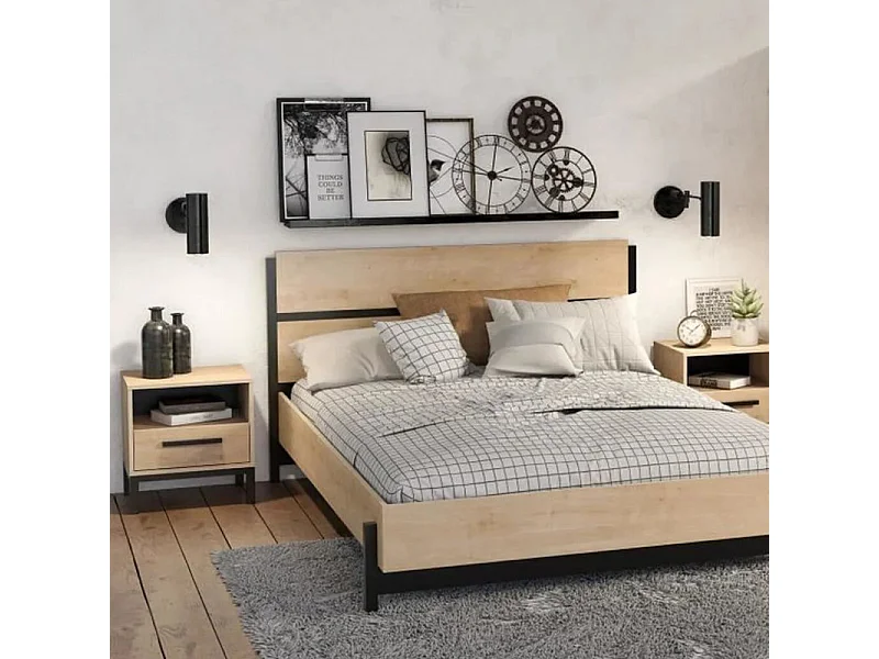 Lit adulte - CRAFT - Chêne et Noir - 160 x 200 cm - DEMEYERE