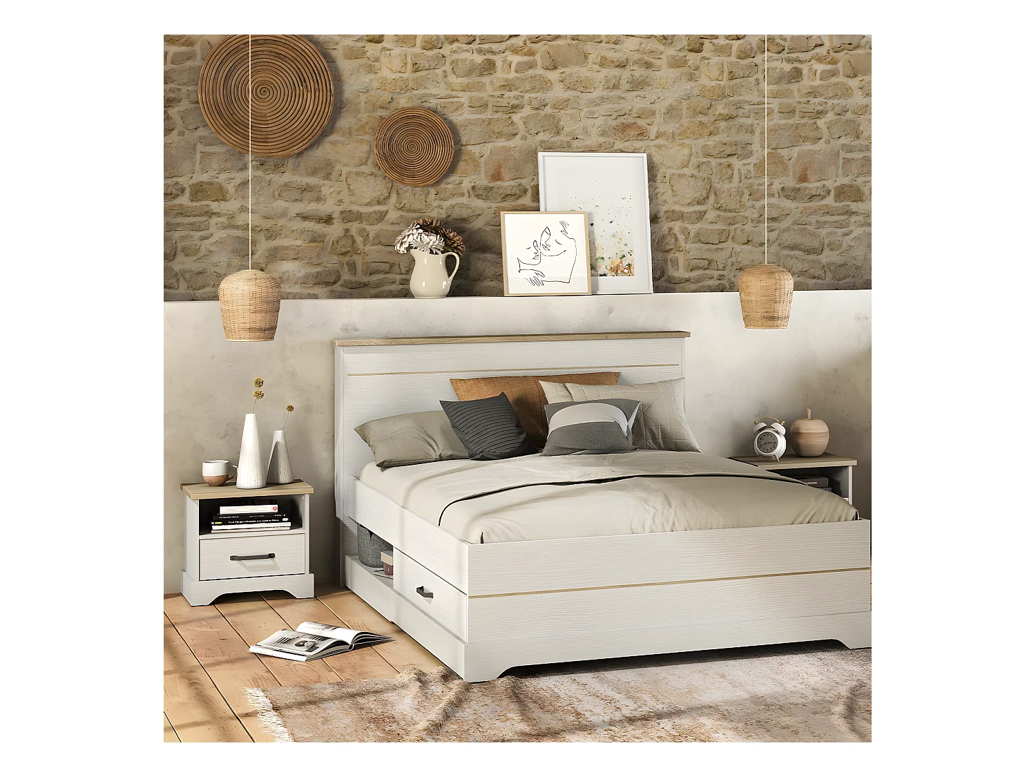 Cama con 2 cajones y 2 estantes 160x200 cm blanco Cottage
