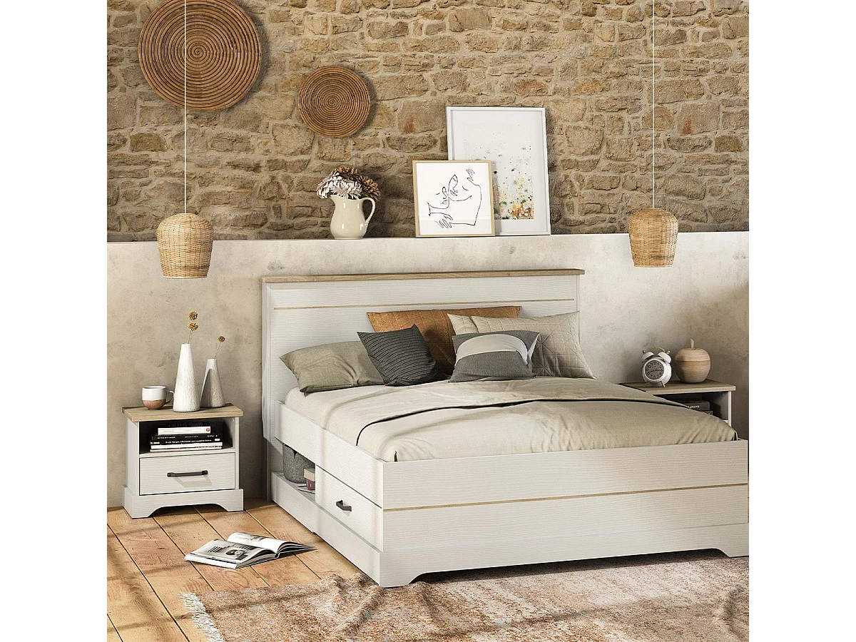 Lit 2 tiroirs et 2 niches 160x200 cm blanc Cottage