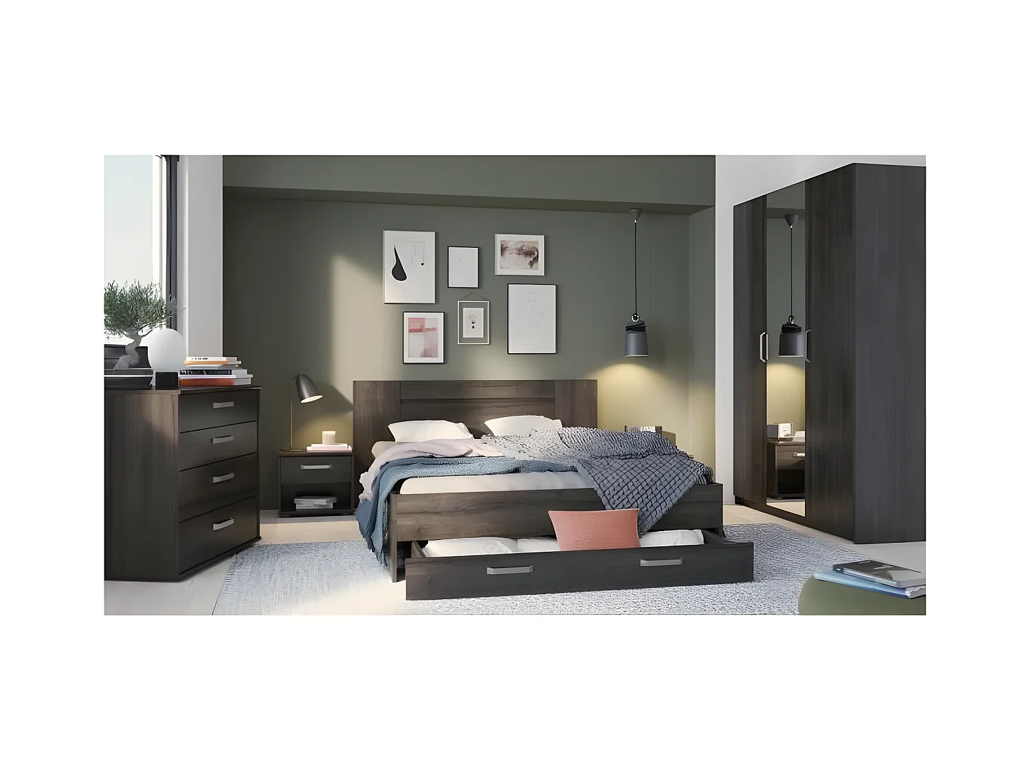 Lit adulte RICHMOND 160x200 cm - Décor chene Waterford - 1 Tiroir - L 180,20 x P 205,60 x H 79,40 cm -