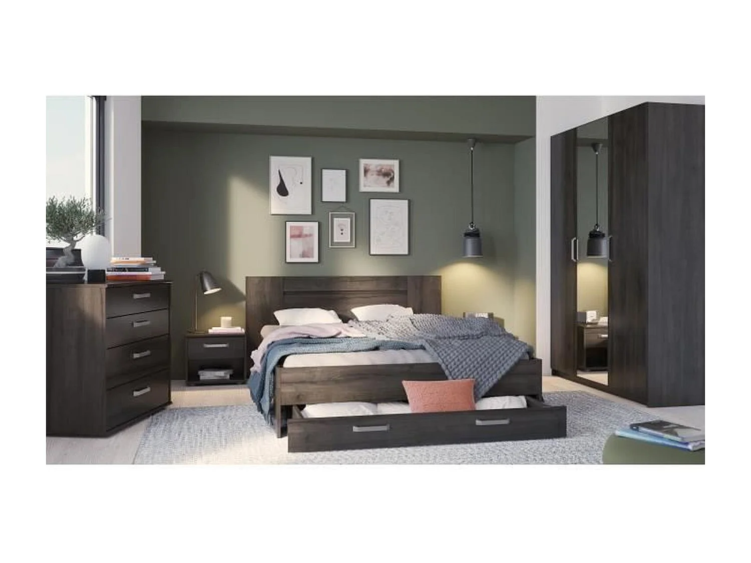 Lit Adulte RICHMOND 160x200 cm Chêne Waterford avec Tiroir de Rangement - Sans Matelas ni Sommier