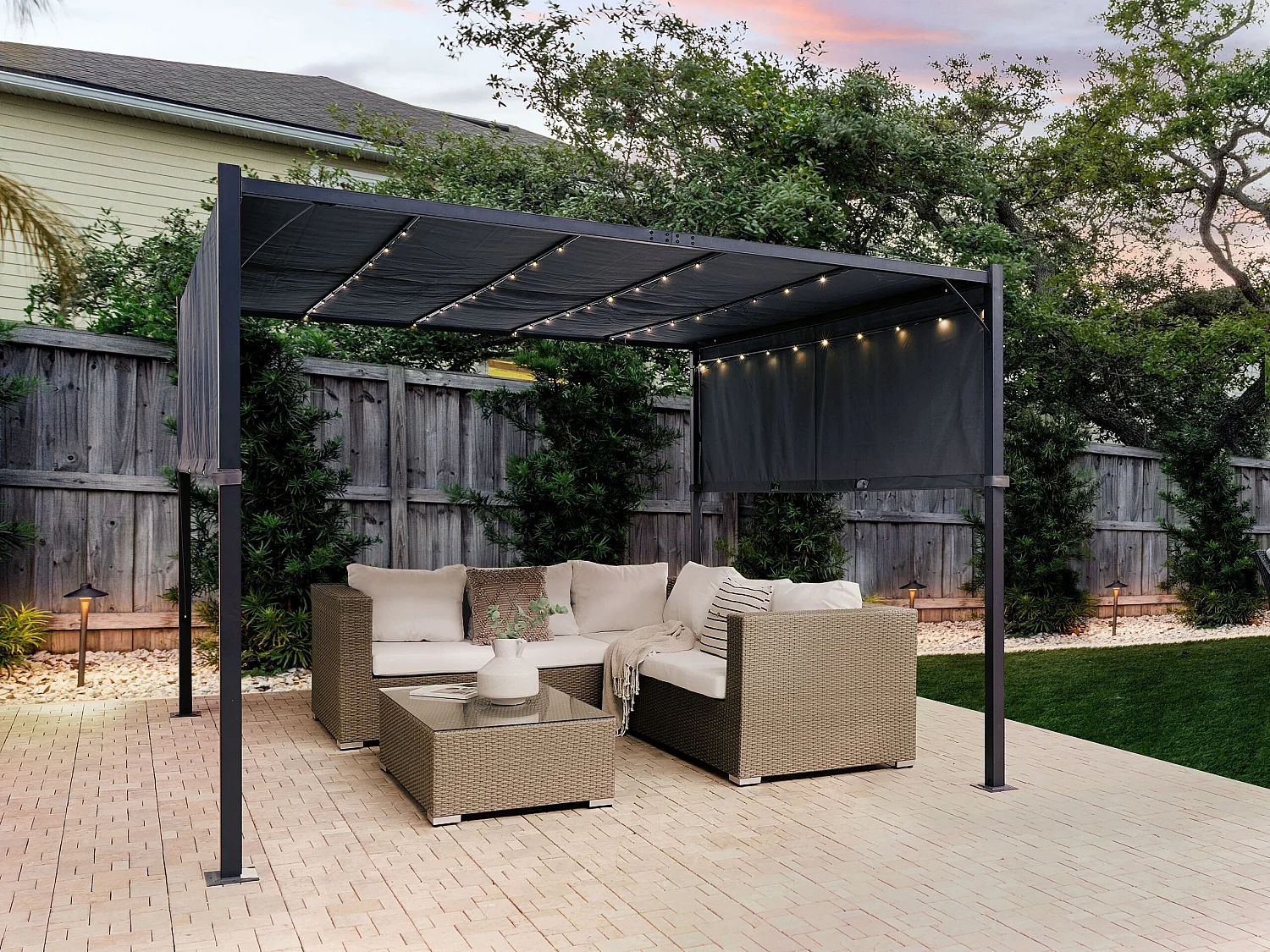 Gazebo LED metallo e tessuto grigio scuro e nero 310 cm PARGA