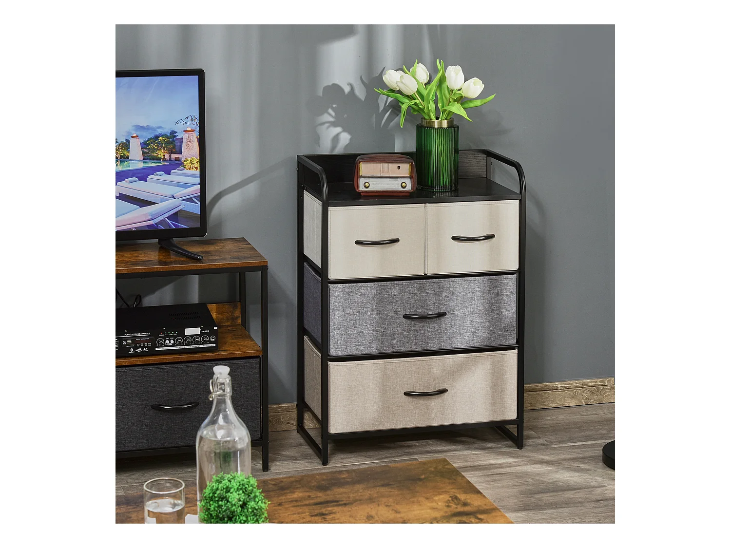 Meuble de rangement chiffonnier 4 tiroirs en tissu 58 x 29 x 78,5 cm noir gris écru beige