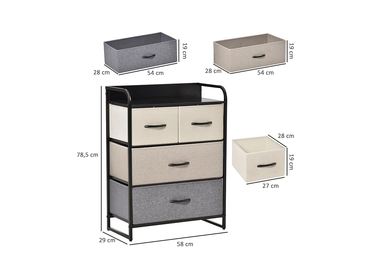 Meuble de rangement chiffonnier 4 tiroirs en tissu 58 x 29 x 78,5 cm noir gris écru beige