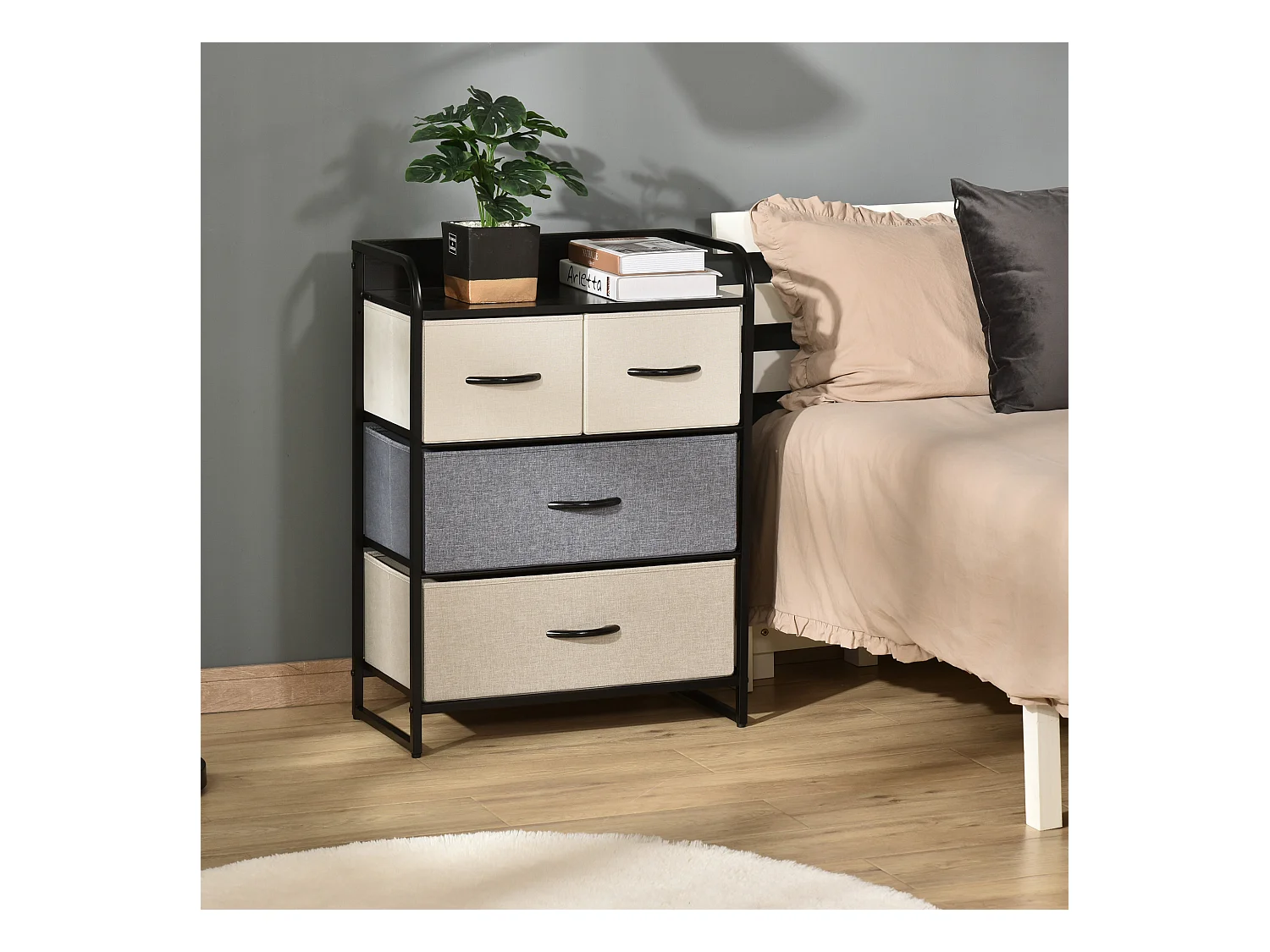 Meuble de rangement chiffonnier 4 tiroirs en tissu 58 x 29 x 78,5 cm noir gris écru beige