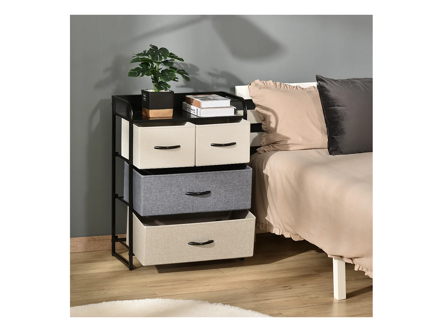 Meuble de rangement chiffonnier 4 tiroirs en tissu 58 x 29 x 78,5 cm noir gris écru beige