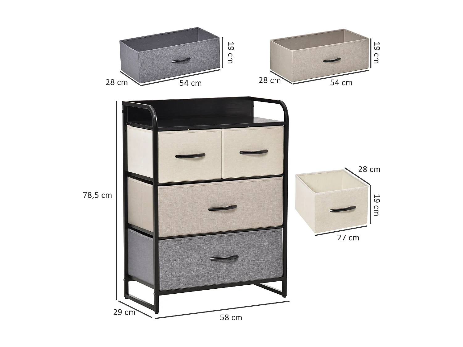 Meuble de rangement chiffonnier 4 tiroirs en tissu 58 x 29 x 78,5 cm noir gris écru beige