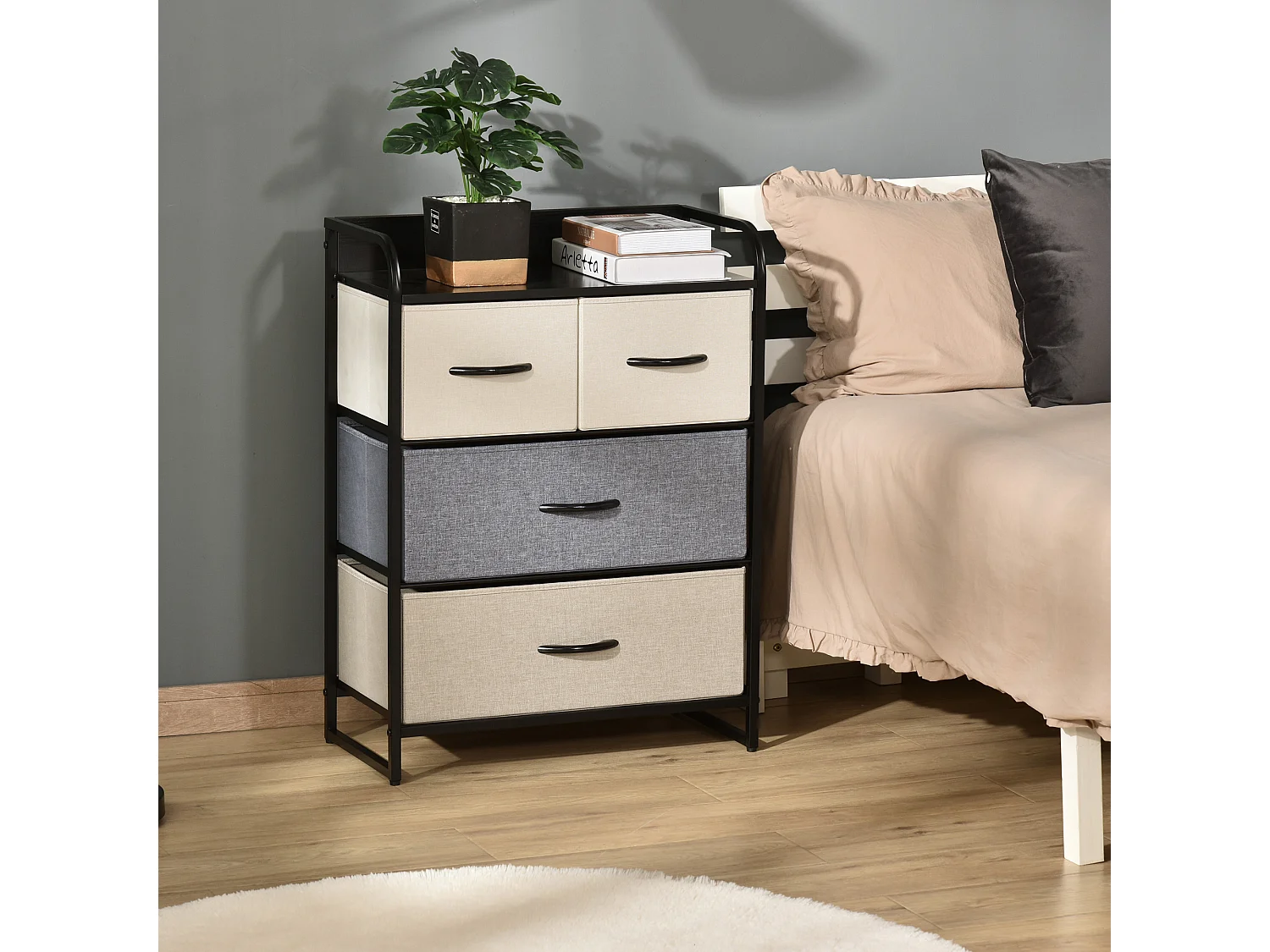 Meuble de rangement chiffonnier 4 tiroirs en tissu 58 x 29 x 78,5 cm noir gris écru beige